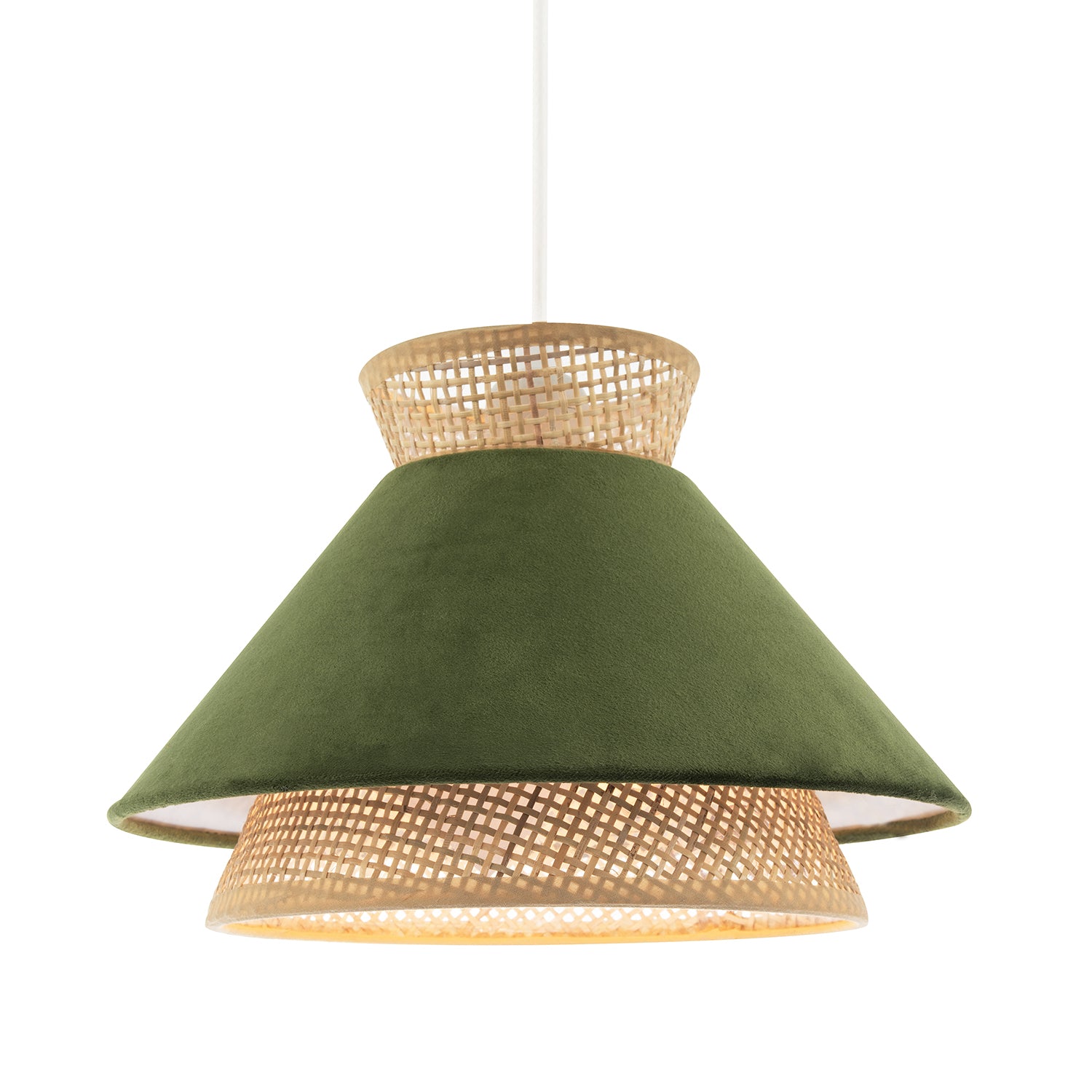 Designer Dark Olive Velvet and Natural Rattan Pendant Lighting Shade Image 1