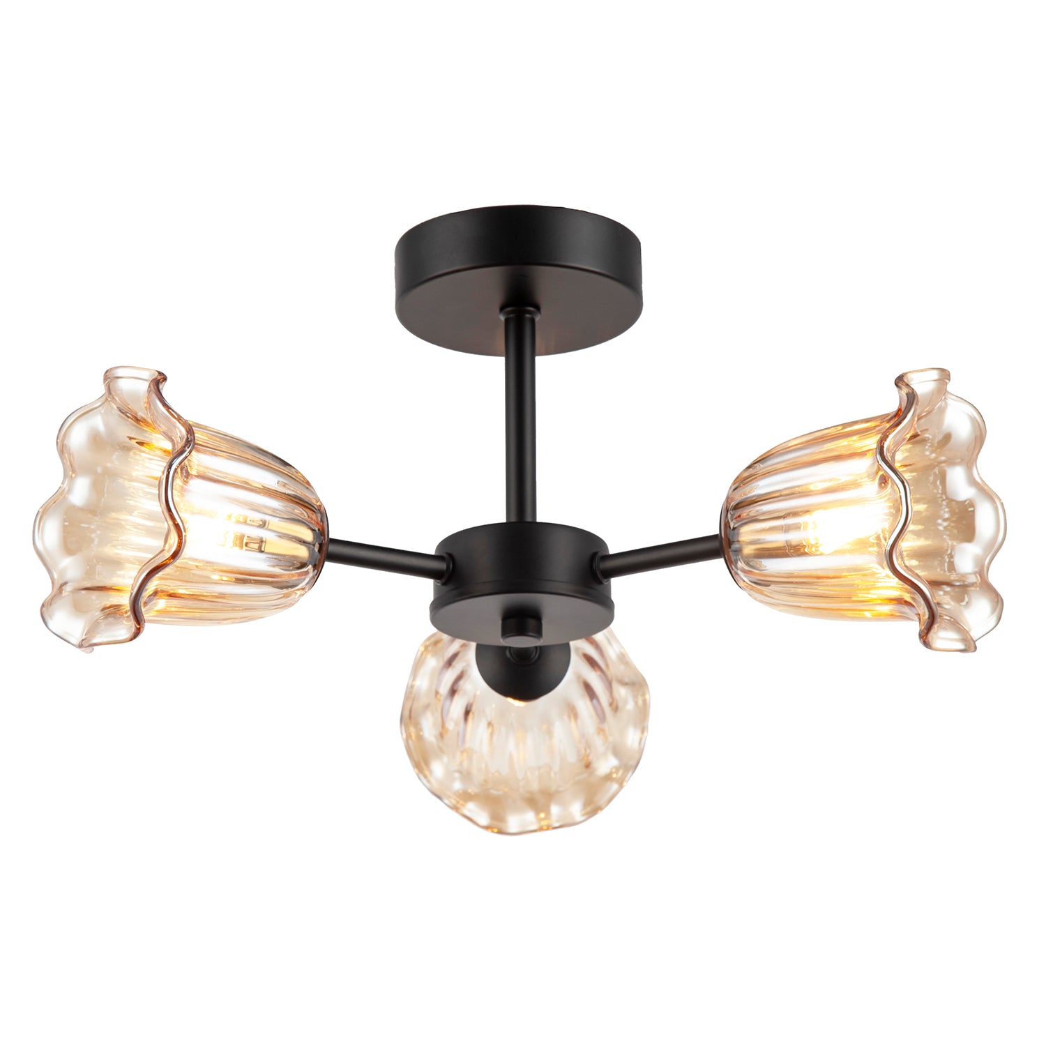 Designer Matte Black Ceiling Light with Amber Floral Glass Shades Image 2