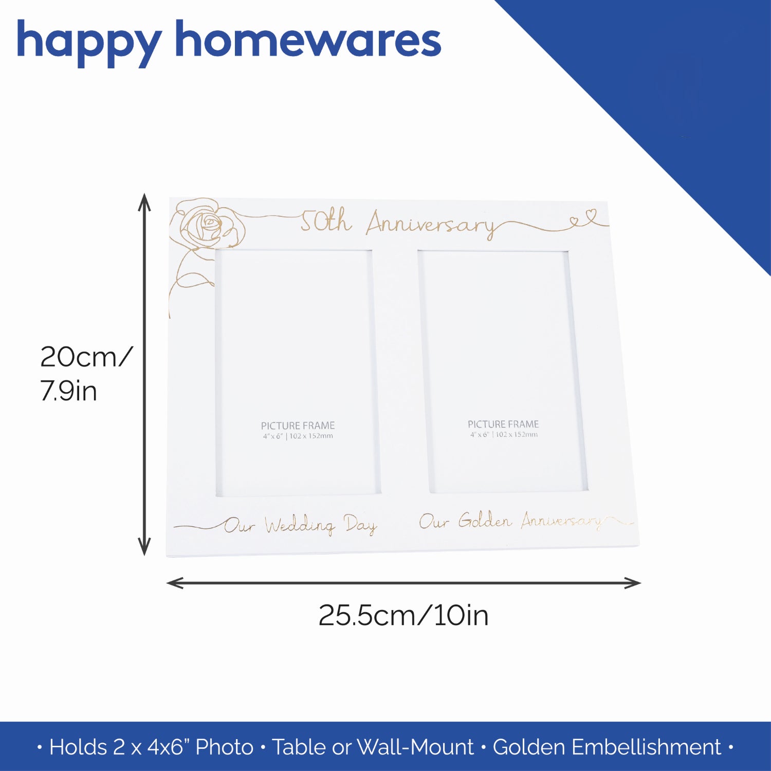 Beautiful Double Picture Frame for 50th Wedding Anniversary - Gold Foil Text Image 6