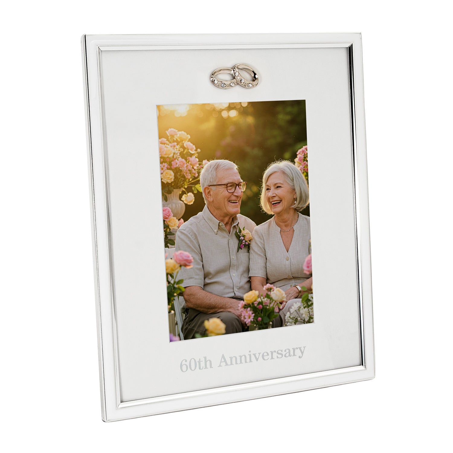 60th Anniversary Silver Plated 5x7 Picture Frame with Double Diamante Rings Image 1