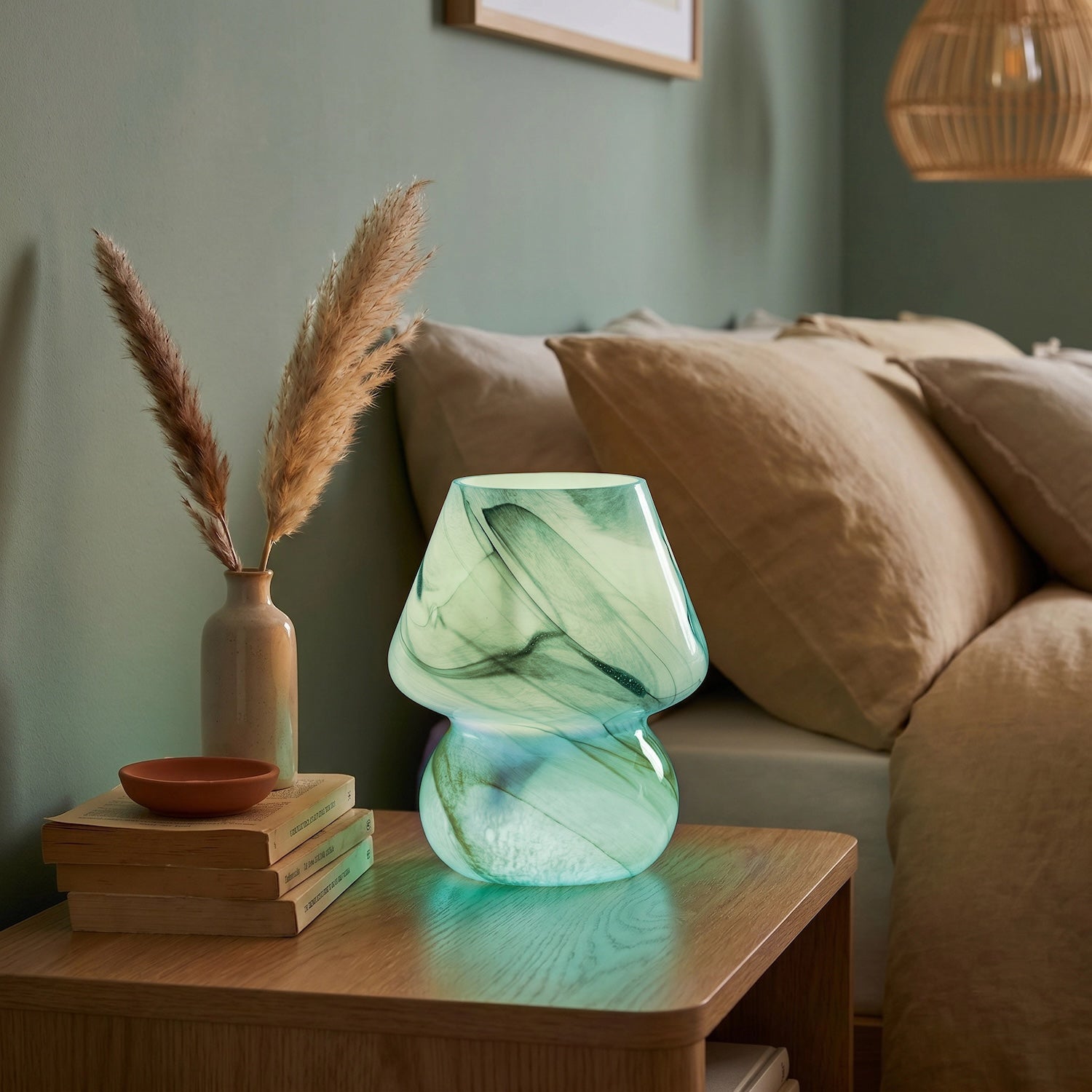 Modern Mini Mushroom Glass Table Lamp with Blue Teal Effect Pattern Image 6