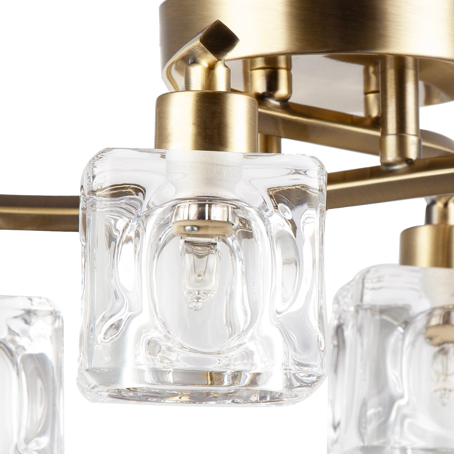 Modern Antique Brass 4-Bulb Ceiling Light with Square Clear Ice Cube Shades Image 3