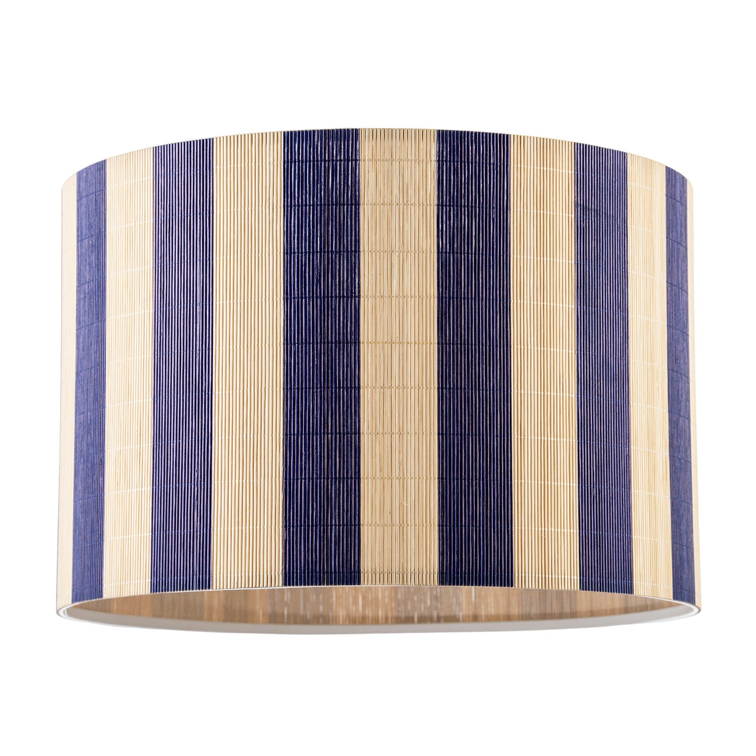 Chic Natural Brown Bamboo Lamp Shade with Navy Midnight Blue Stripes Image 1