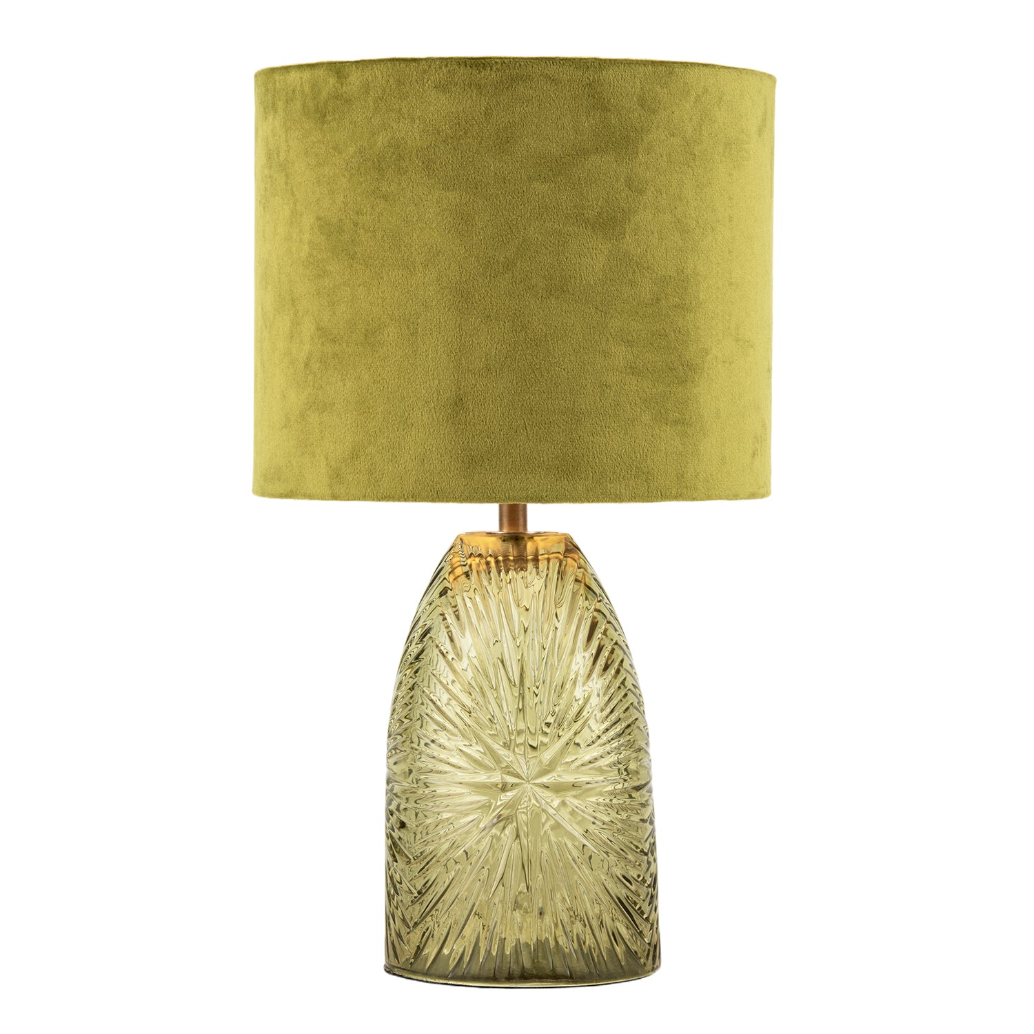 Modern Table Lamp with Faceted Glass Base and Olive Green Velvet Shade Image 2
