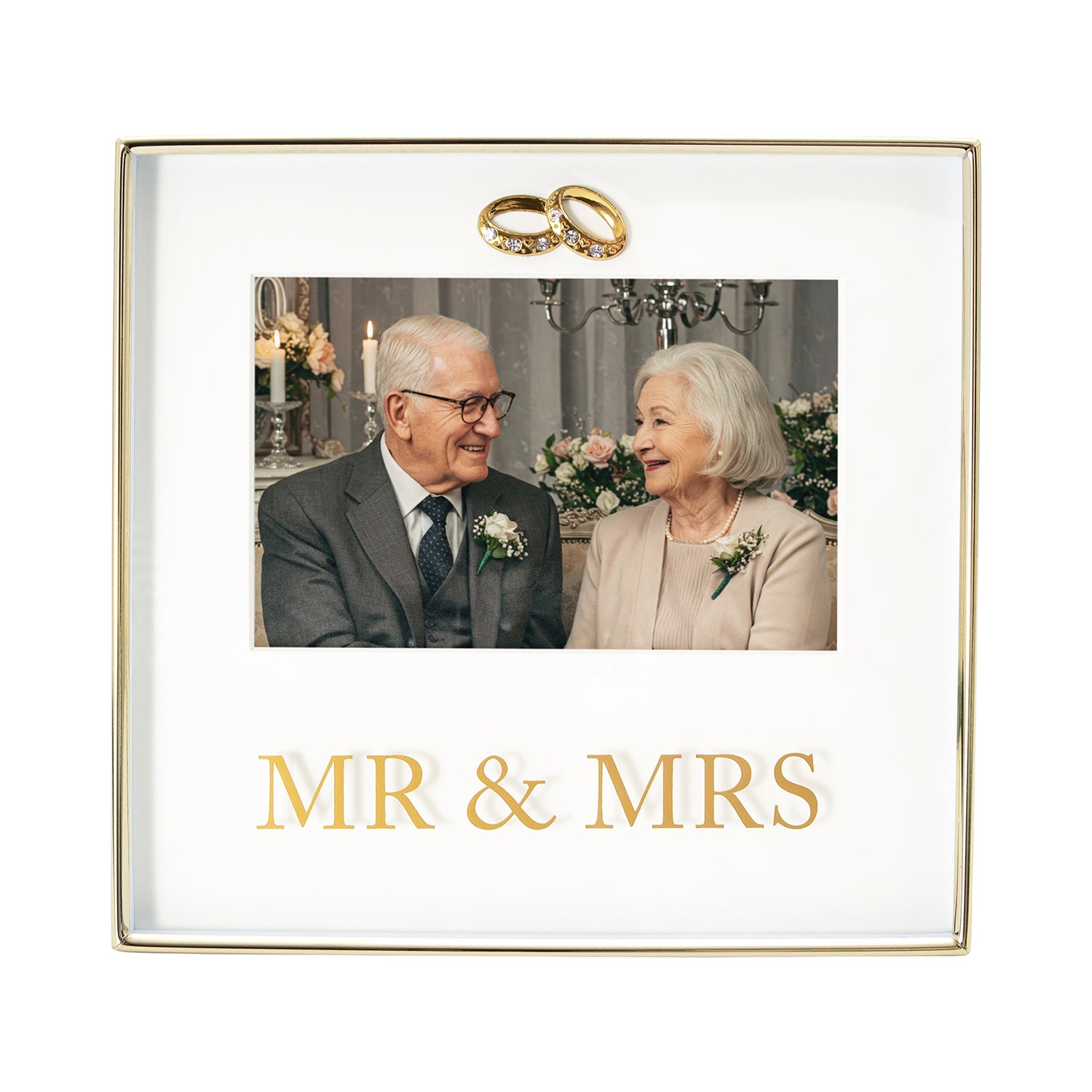 Modern Shiny Gold Mr and Mrs Square Picture Frame with Double Diamante Rings Image 1