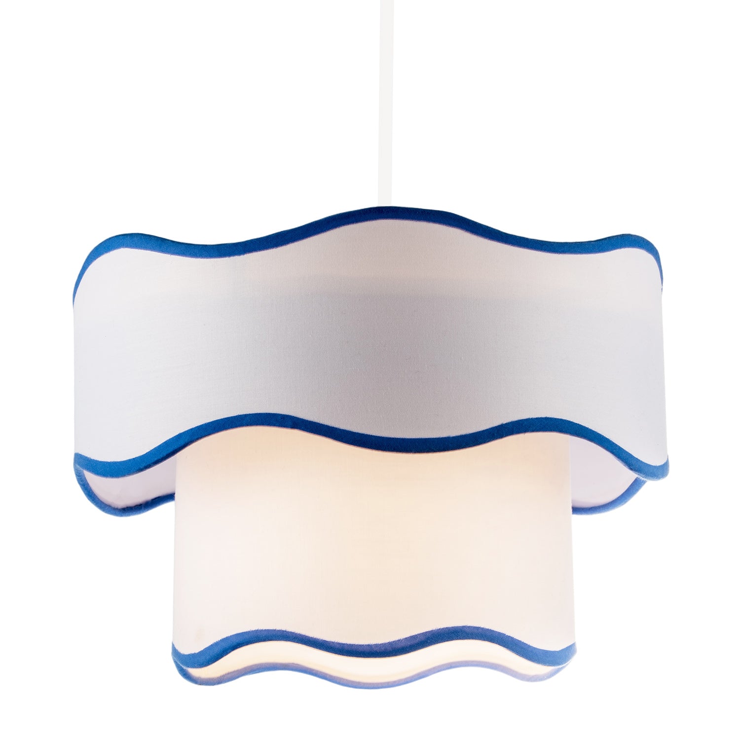 Tiered Design Double Layer White Cotton Pendant Shade with Blue Trim Image 2