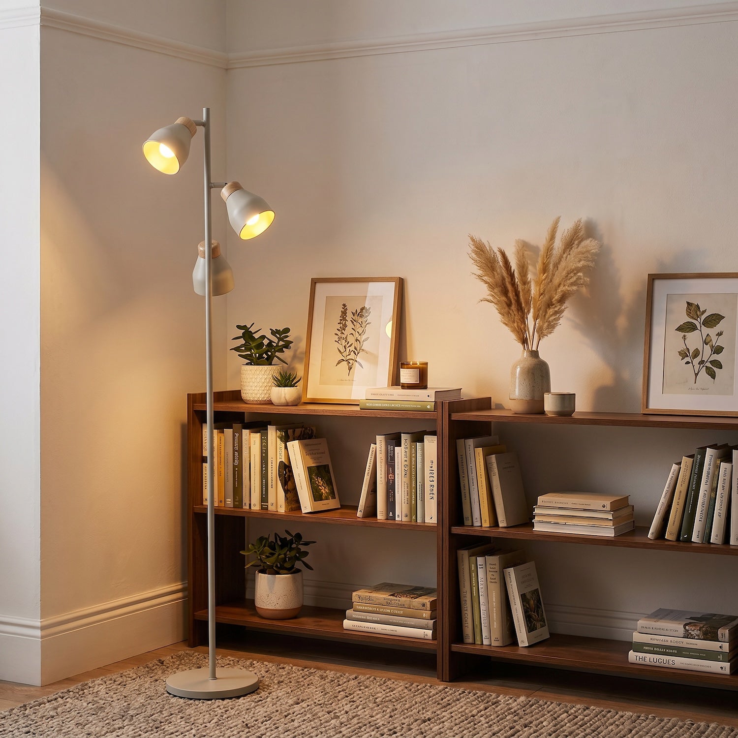 Muted Dove Grey Scandinavian Triple Spot Floor Lamp with Wooden Trim Image 6
