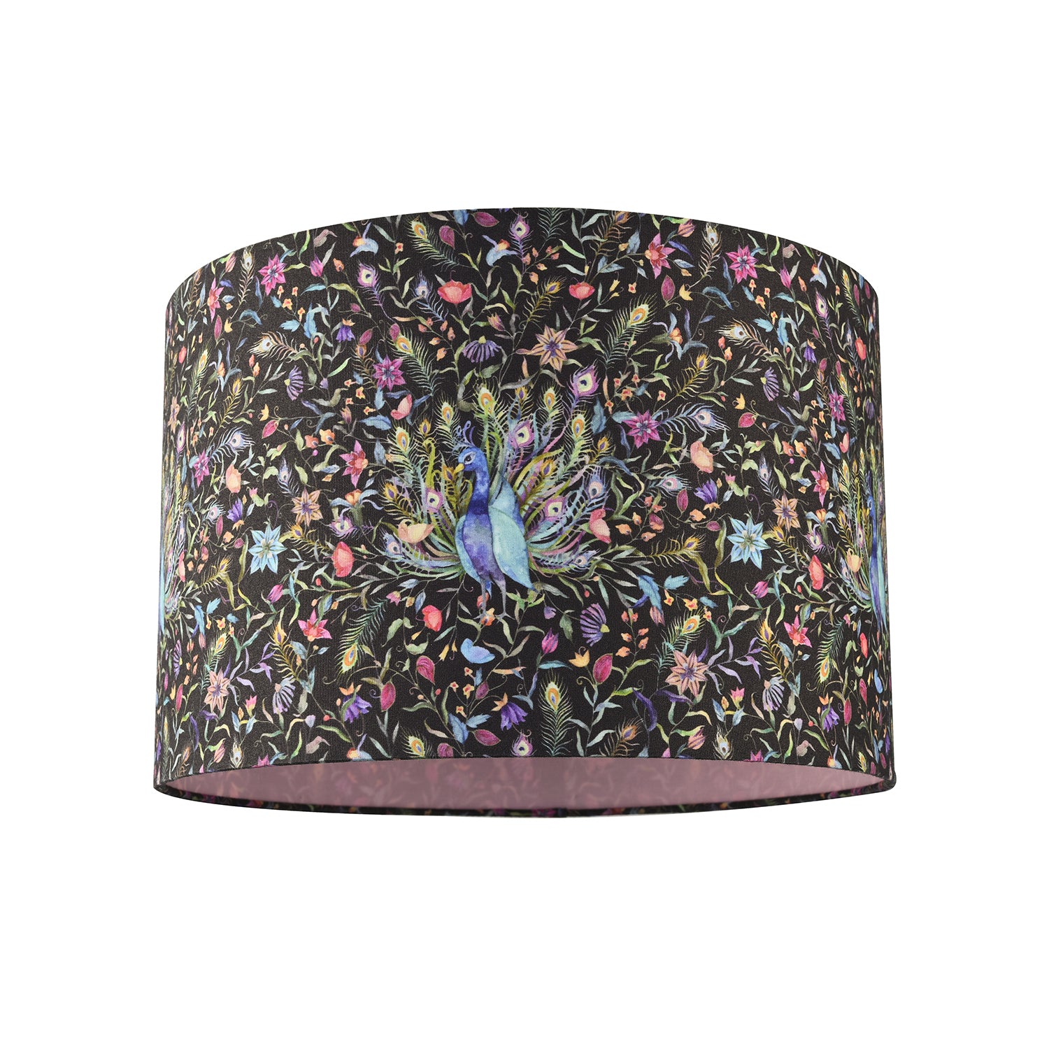 Purple Peacock and Multi Coloured Floral Cotton Fabric Drum Lamp Shade Image 1