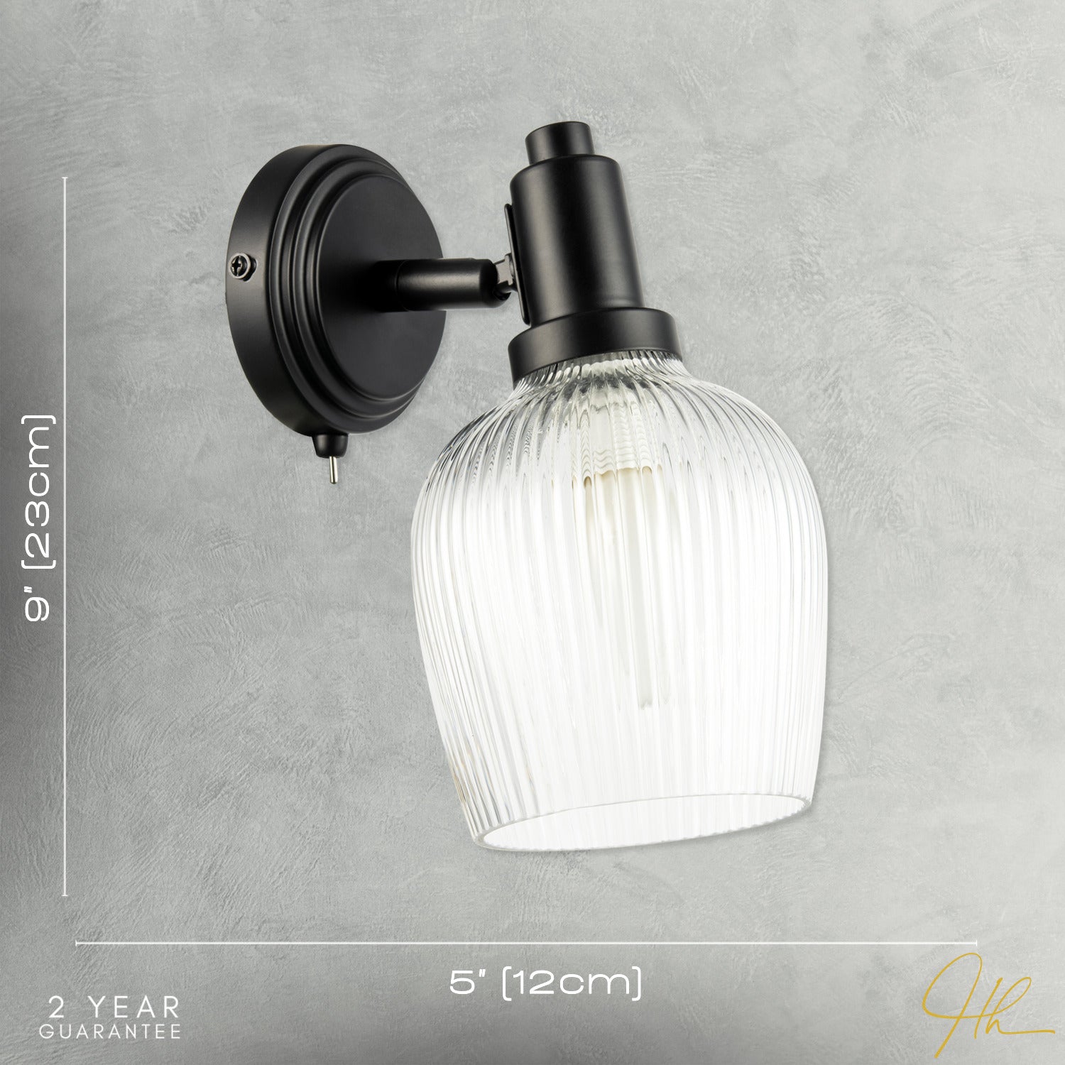 Classy Matte Black Switched Wall Light with Clear Ribbed Glass Shade Image 7