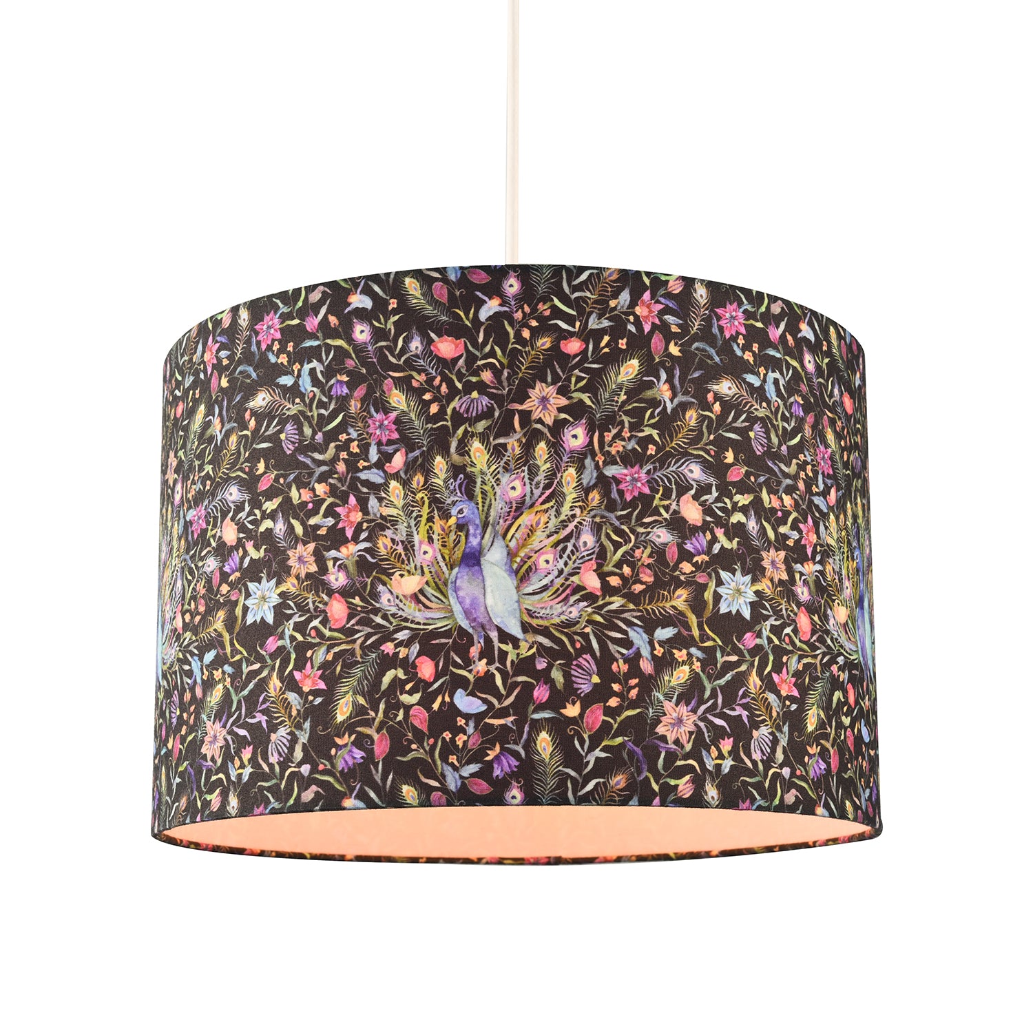 Purple Peacock and Multi Coloured Floral Cotton Fabric Drum Lamp Shade Image 2