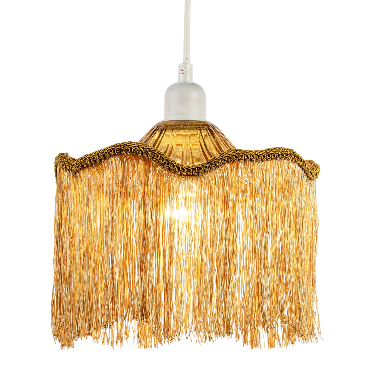 Striking Gold Fringed Orange Glass Pendant Shade with Long Tassels Image 2