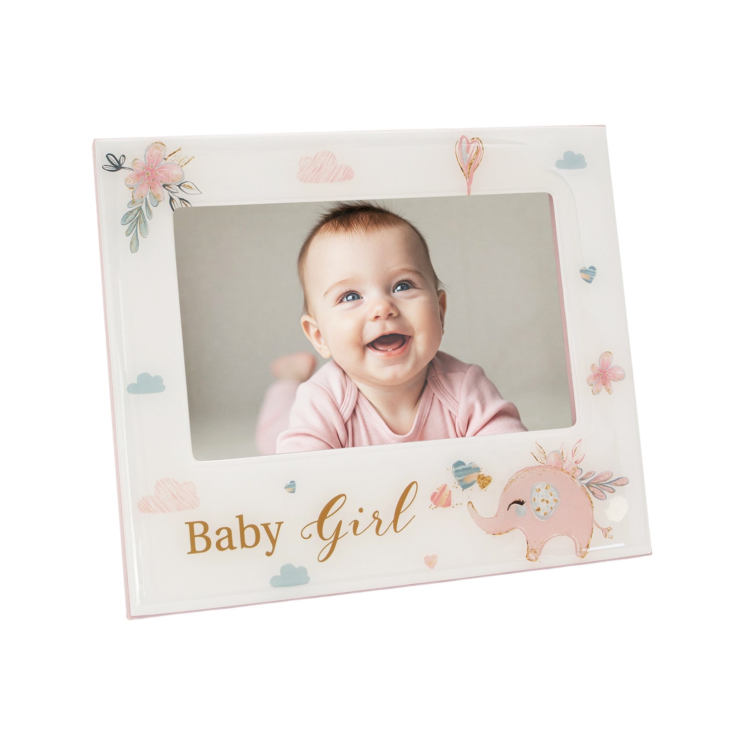 Baby Girl Baby Picture Frame with Soft Pastel Pink Elephant and Hearts Image 2