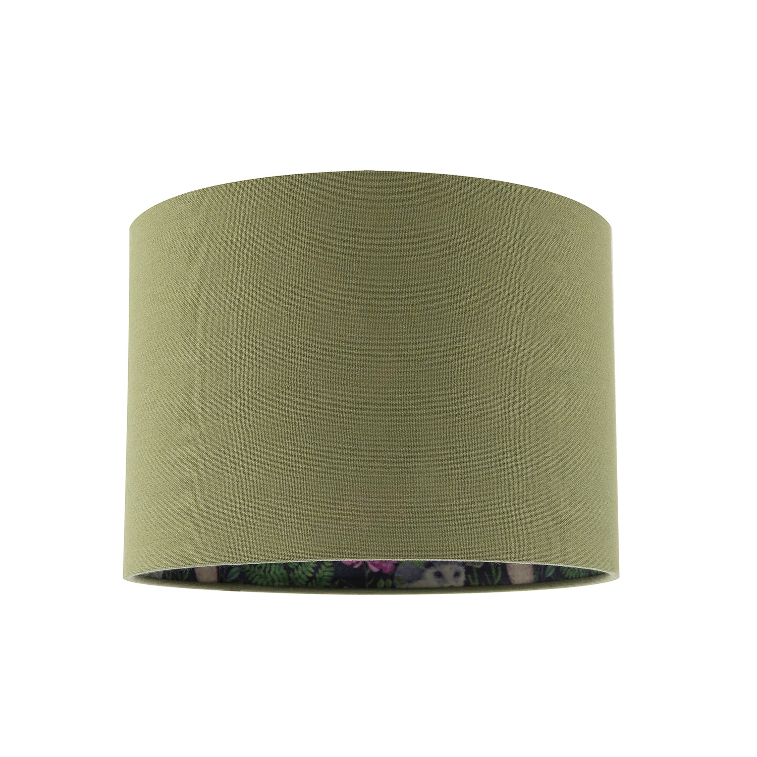 Woodland Animals and Forest Drum Lamp Shade with Olive Green Linen Image 1