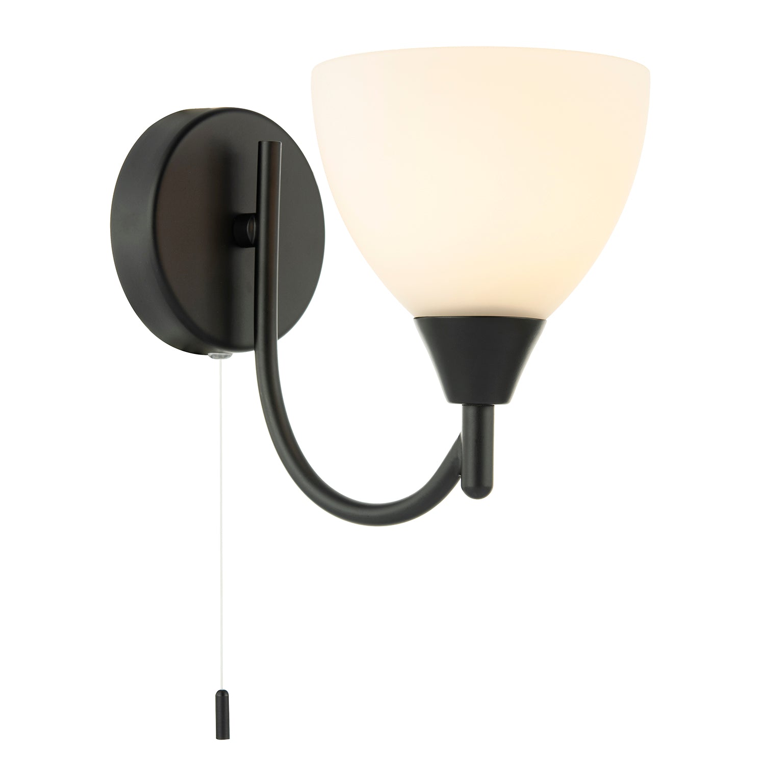 Contemporary Pull Switched Wall Light in Matte Black with White Glass Shade Image 1