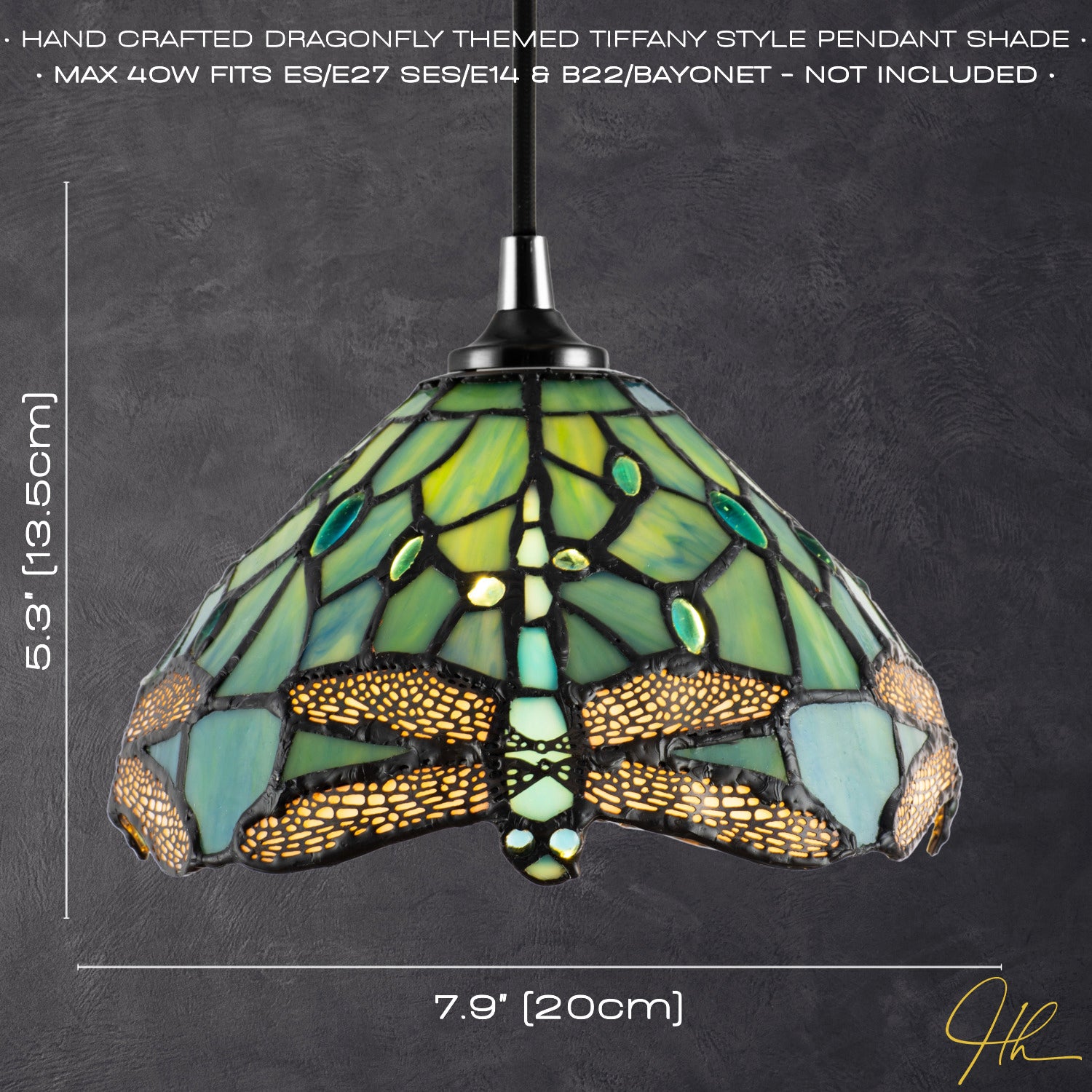 Dragonfly Themed Emerald Stained Glass Tiffany Pendant Lighting Shade with Beads Image 6