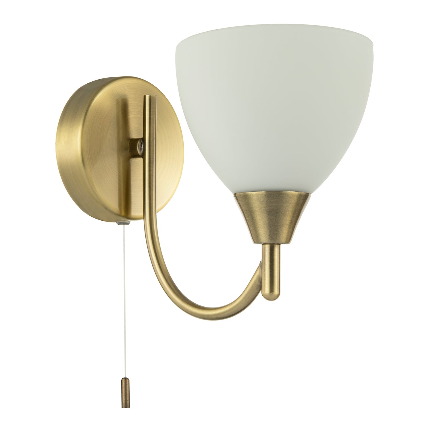 Contemporary Pull Switched Wall Light in Antique Brass with White Glass Shade Image 2