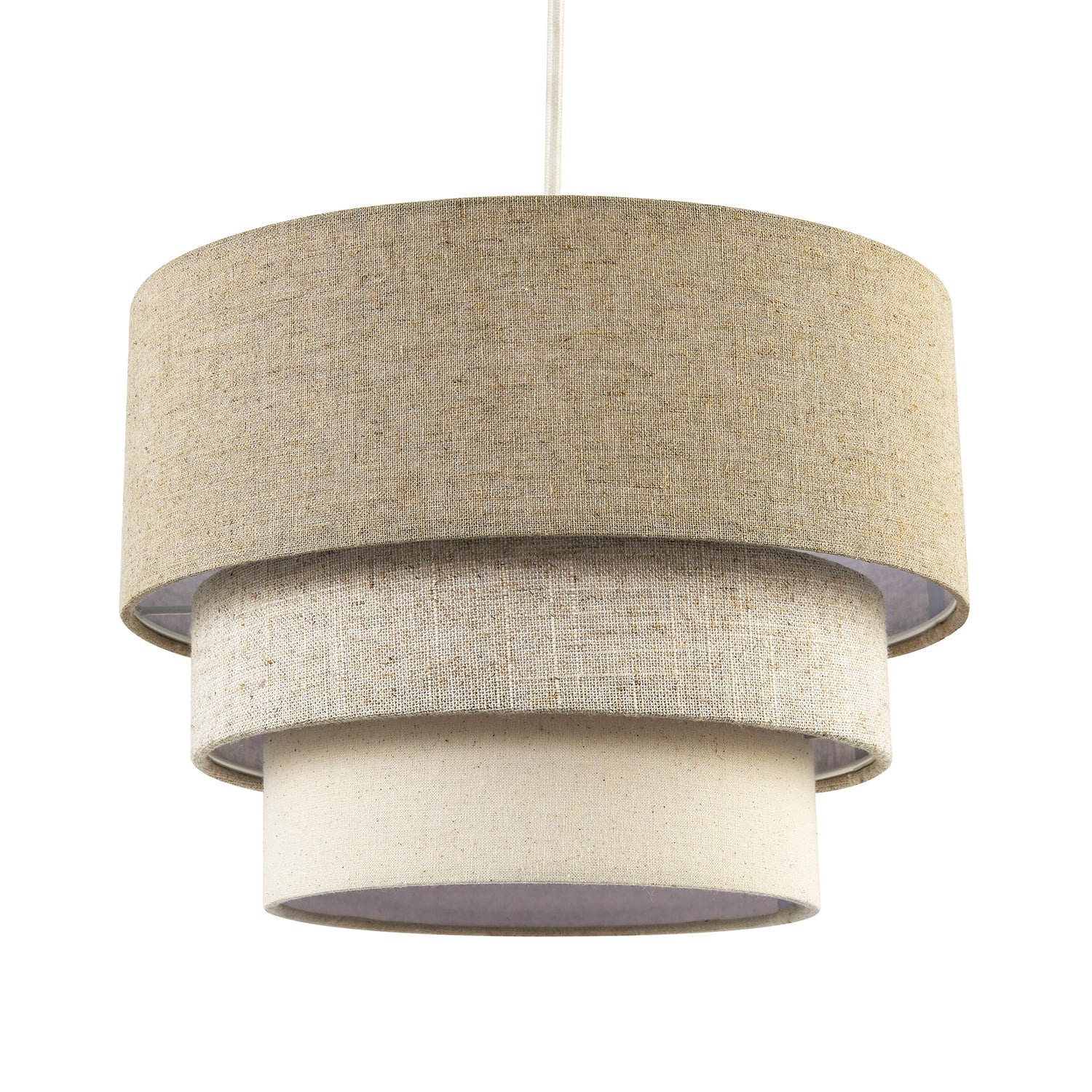 Contemporary Round Triple Tier Beige and Oatmeal Linen Pendant Shade Image 1