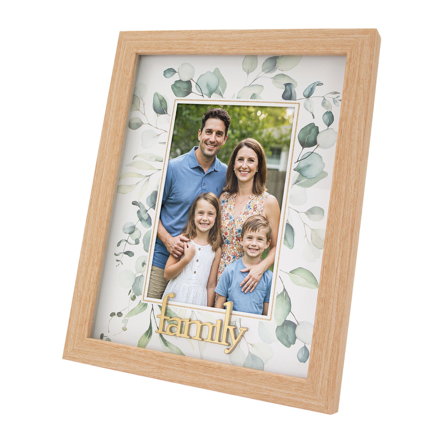 Modern Oak MDF Gold Family Picture Frame with Green Floral Decoration Image 1