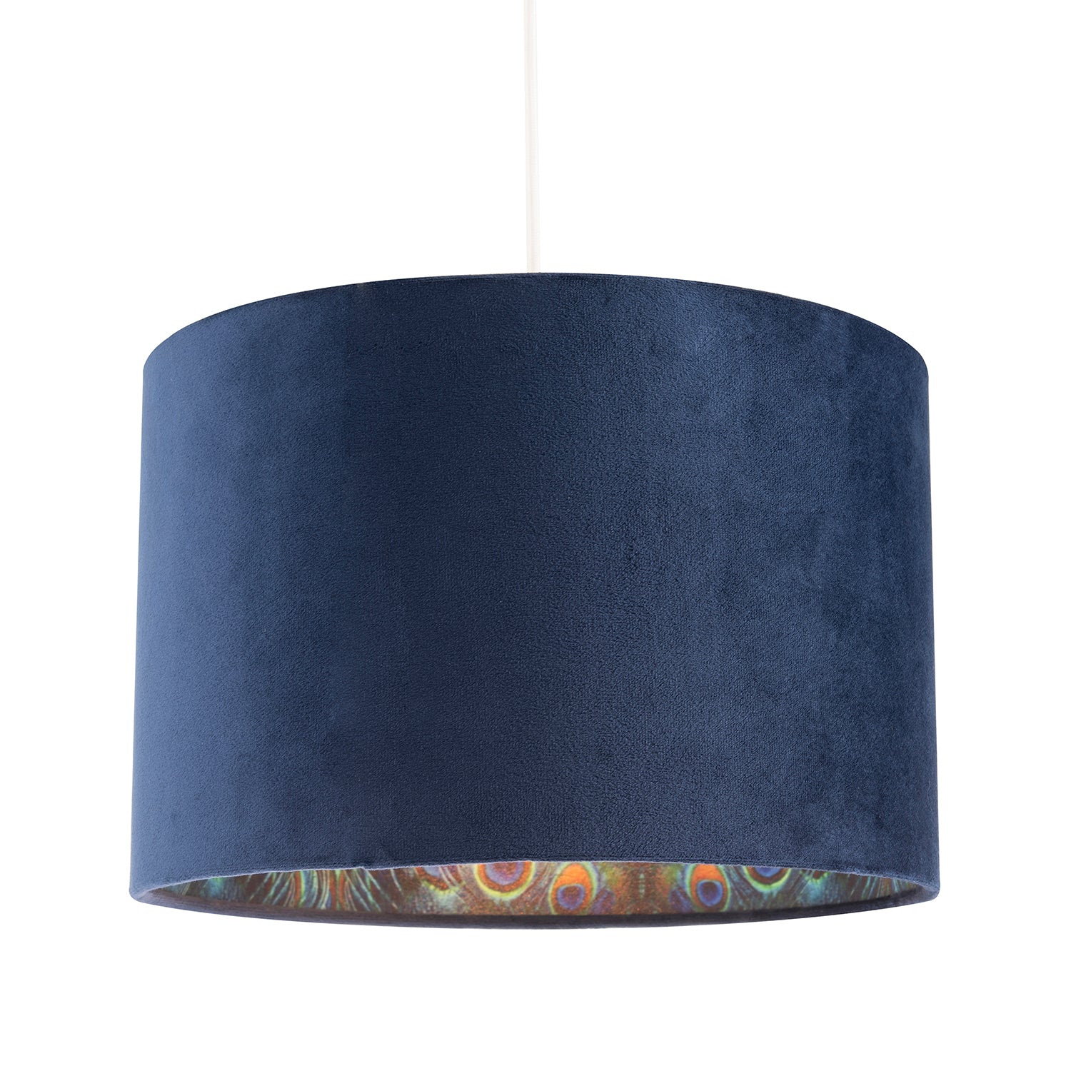 Midnight Blue Velvet Lamp Shade with Colourful Peacock Feather Inner Image 2