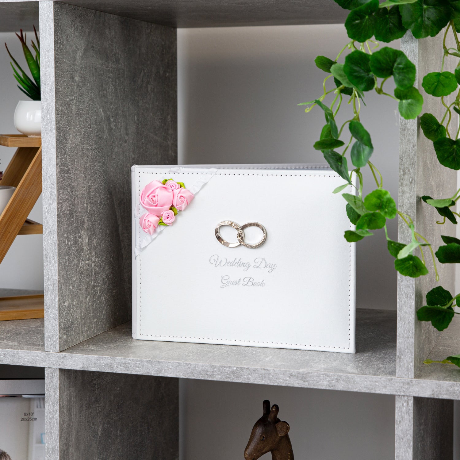 Modern Wedding Day Guest Book with Pink Faux-Silk Roses and Silver Double Rings Image 7