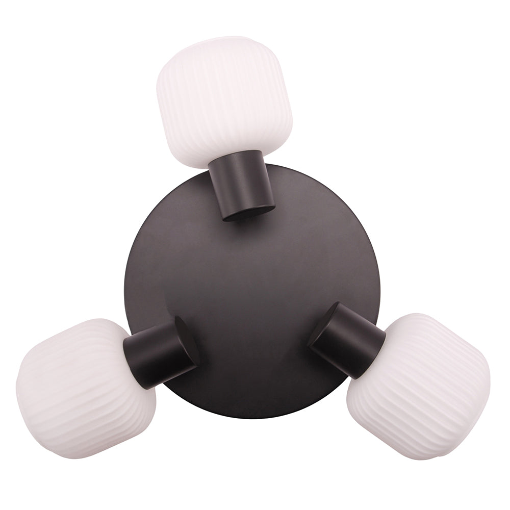 Modern Designer Matte Black Spot Ceiling Light with White Ribbed Glass Shades Image 4