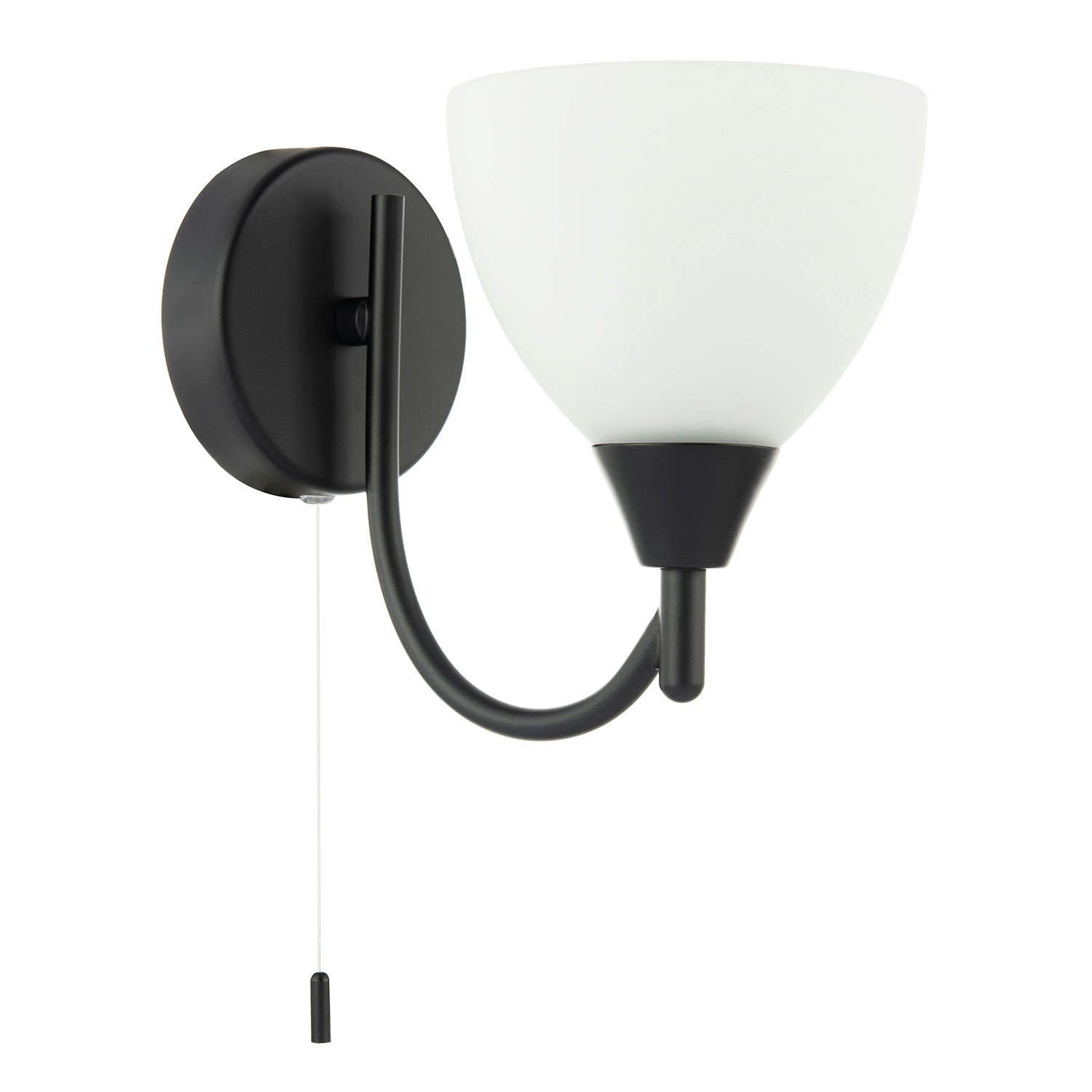 Contemporary Pull Switched Wall Light in Matte Black with White Glass Shade Image 2
