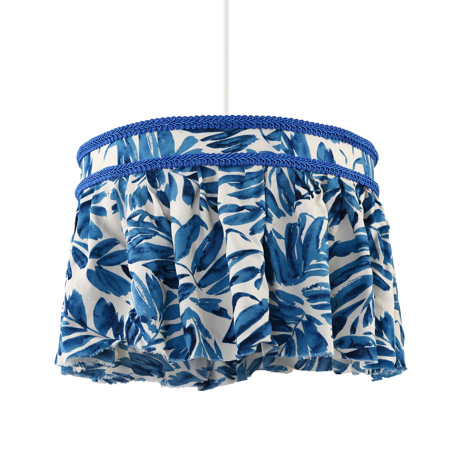 Hanging Cotton Pendant Shade with Blue Print and Embroidered Trims Image 2