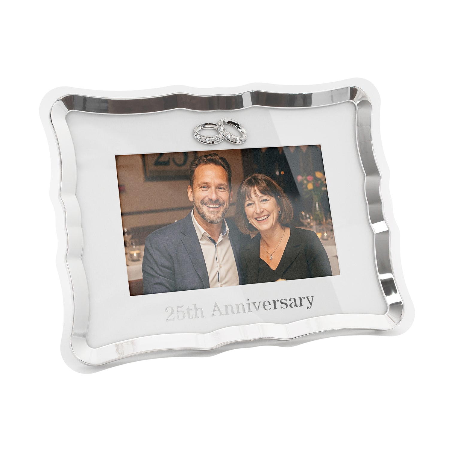 Modern 25th Anniversary Picture Frame in Silver Plating with Rings Image 2