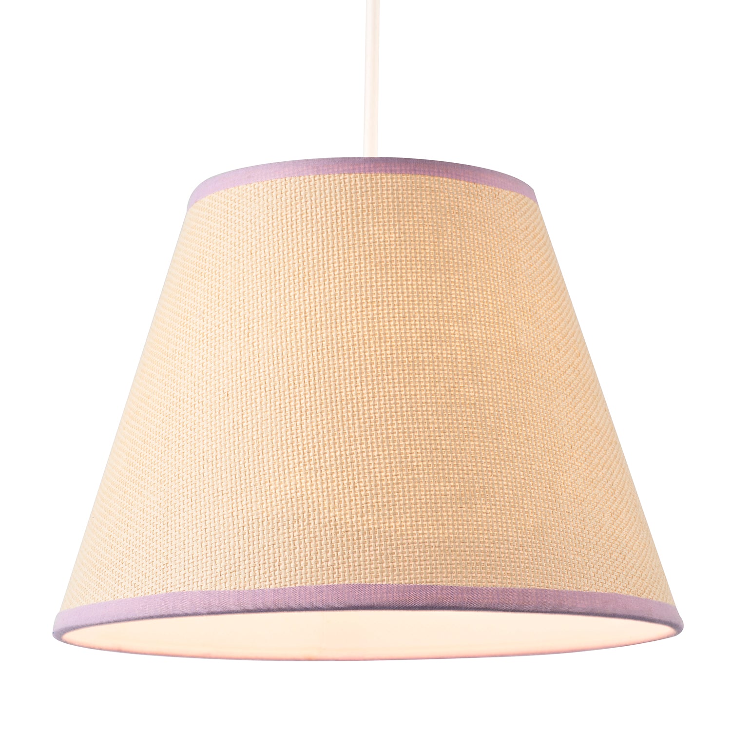 Traditional Rattan Tweed Lamp Shade with Lilac Cotton Fabric Trims Image 2