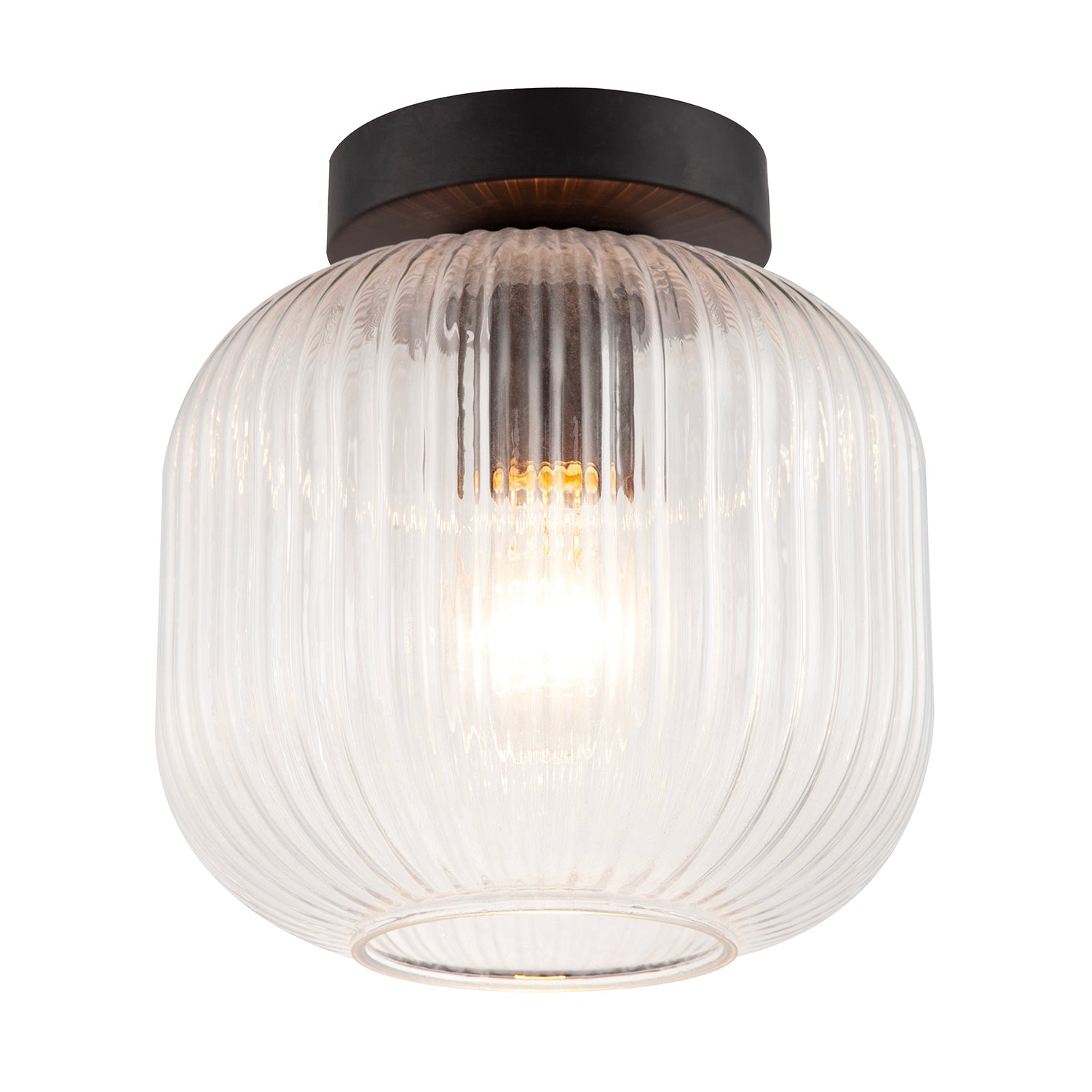 Contemporary Matte Black Ceiling Light with Clear Ribbed Glass Shade Image 2