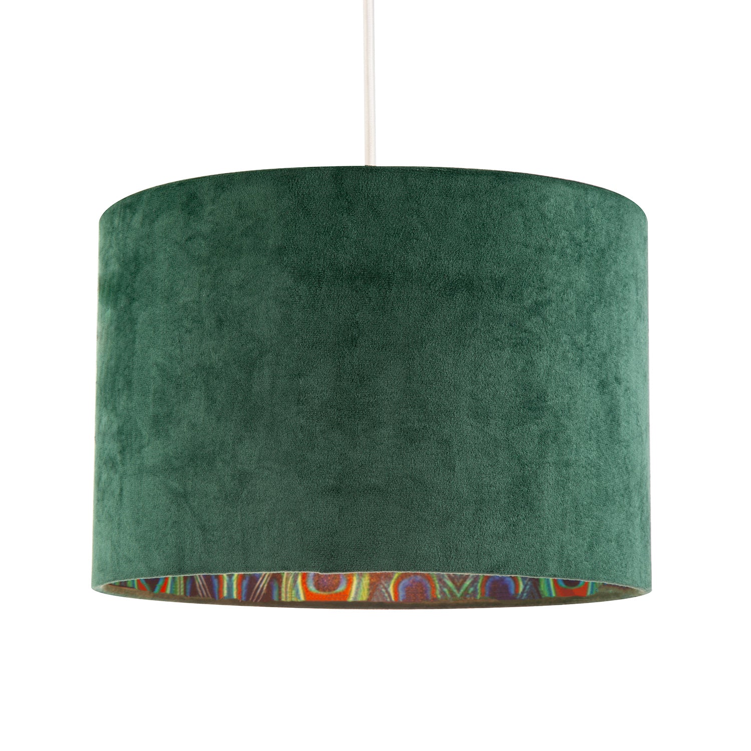 Forest Green Velvet Lamp Shade with Colourful Peacock Feather Inner Image 2