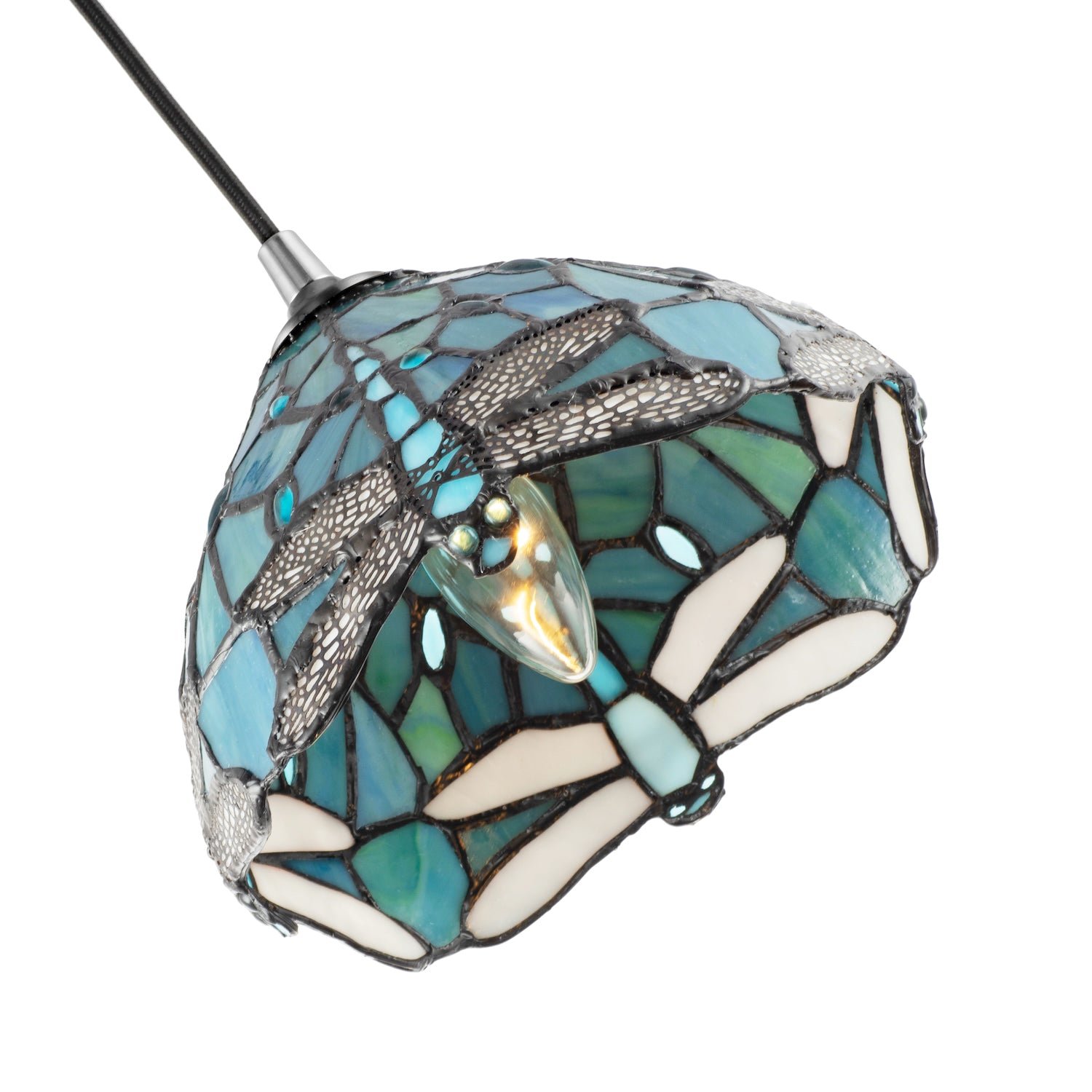 Dragonfly Themed Emerald Stained Glass Tiffany Pendant Lighting Shade with Beads Image 3