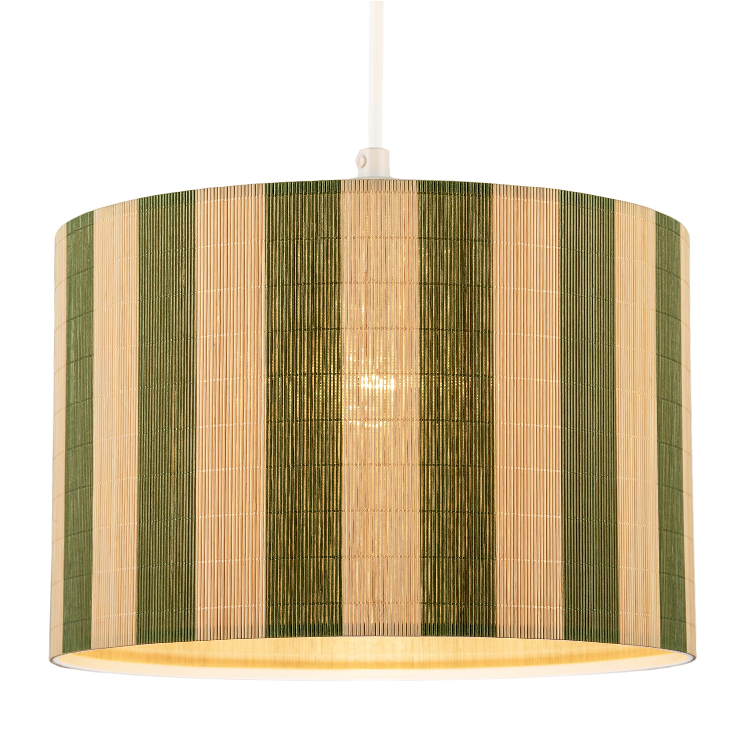 Chic Natural Brown Bamboo Lamp Shade with Garden Olive Green Stripes Image 2