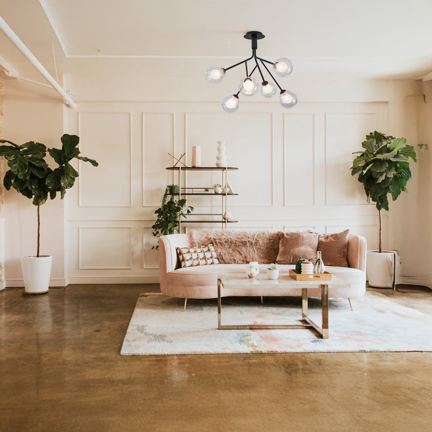 Modern Designer Matte Black 6-Arm Ceiling Light with Opal and Clear Glass Shades Image 7