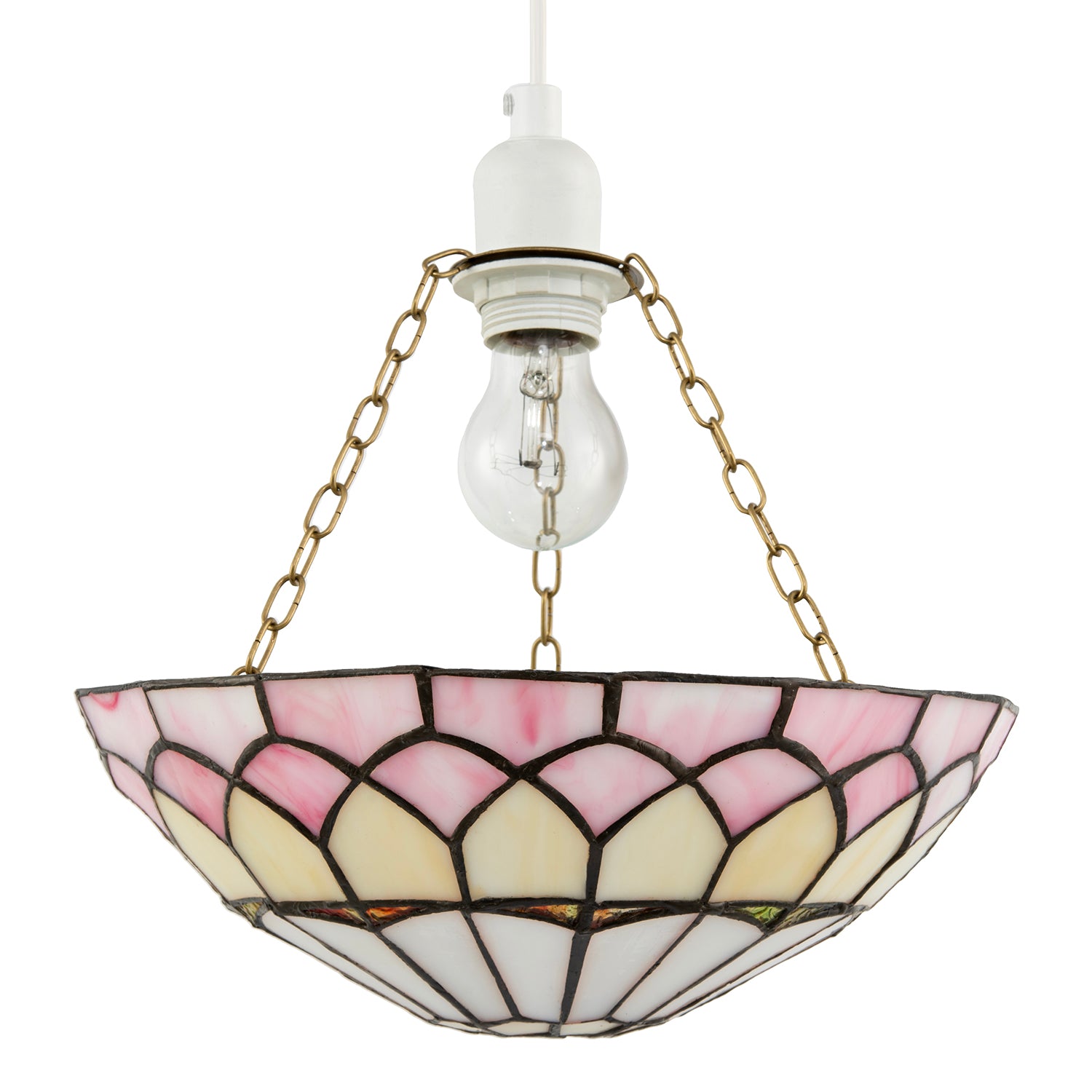 Pale Pink Stained Glass Domed Tiffany Pendant Light Shade with Chains Image 1