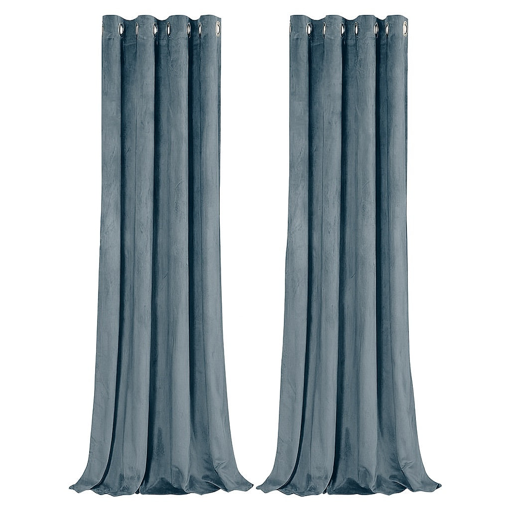 Dusty Blue Velvet Blackout Eyelet Curtains - 46x63 Inch Drop - 2 Panel Image 1