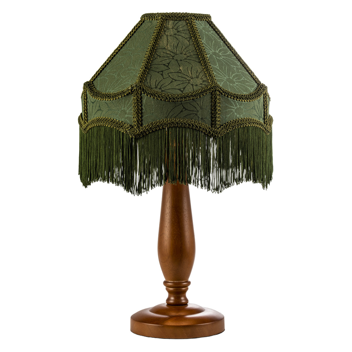 Classic Oak Wooden Table Lamp with Green Velvet Victorian Style Shade Image 1