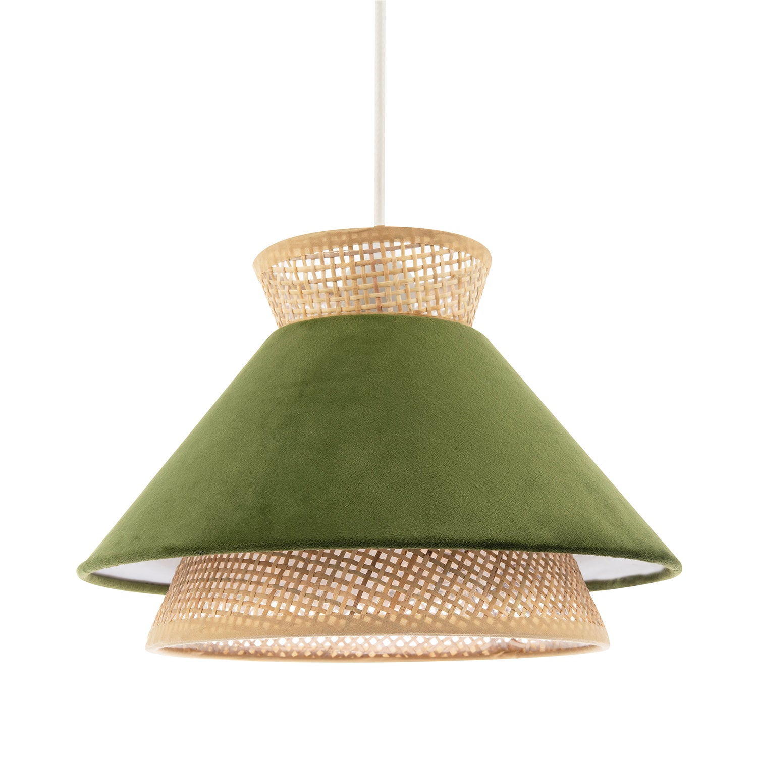 Designer Dark Olive Velvet and Natural Rattan Pendant Lighting Shade Image 2