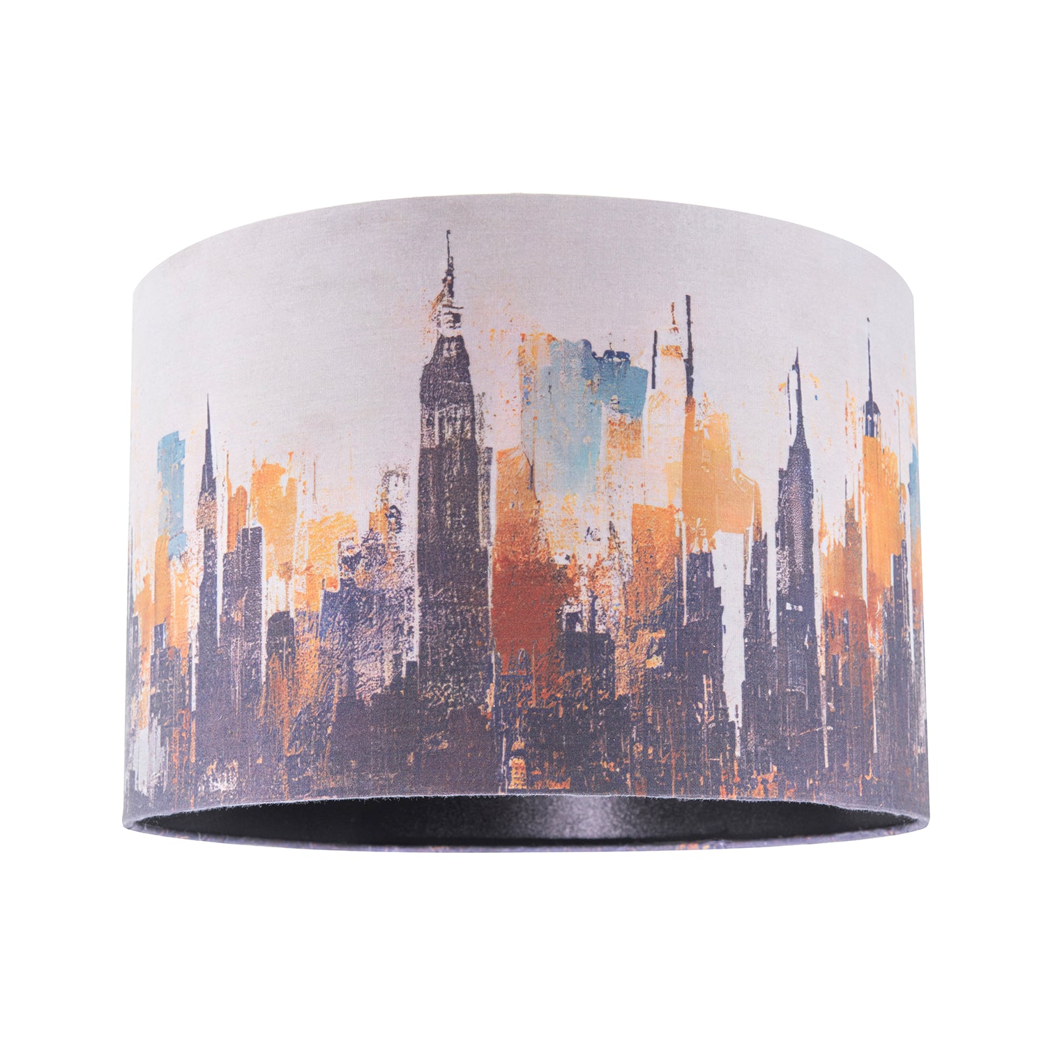 Grunge Style City Scape Cotton Fabric Lamp Shade in Black and Orange Image 1