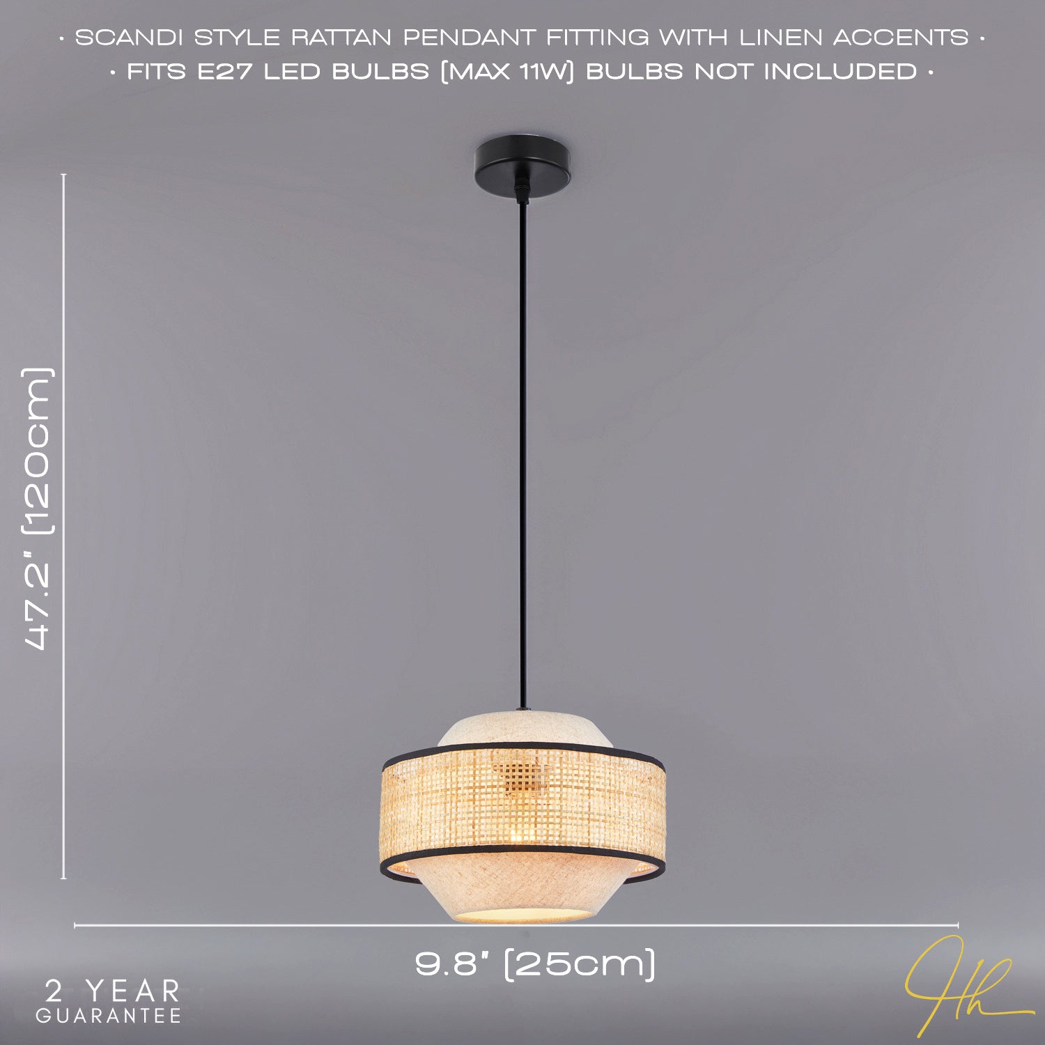 Natural Linen and Woven Rattan Pendant Ceiling Light with Black Trim and Cable Image 6