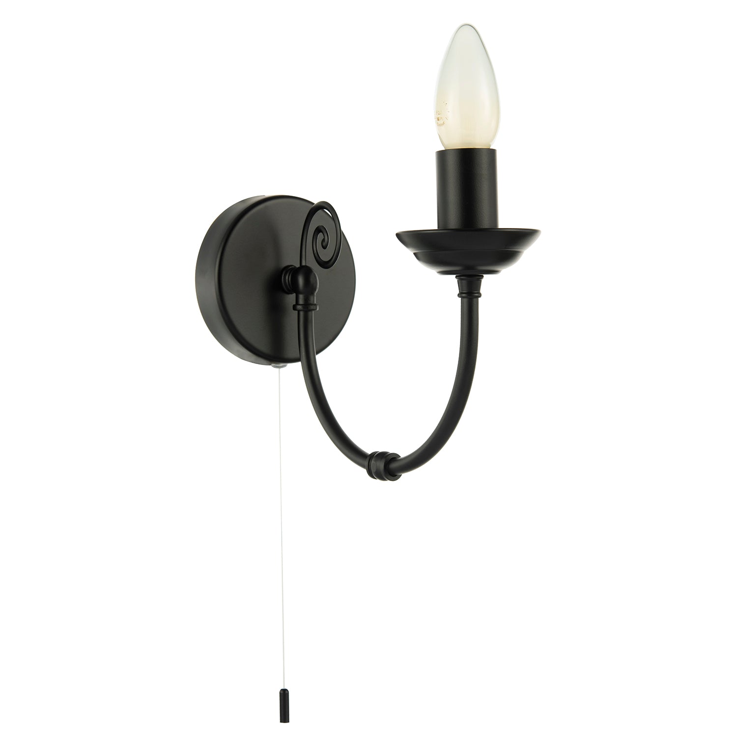 Traditional Classic Matte Black Wall Light with Spiral Finial and Looping Arm Image 1