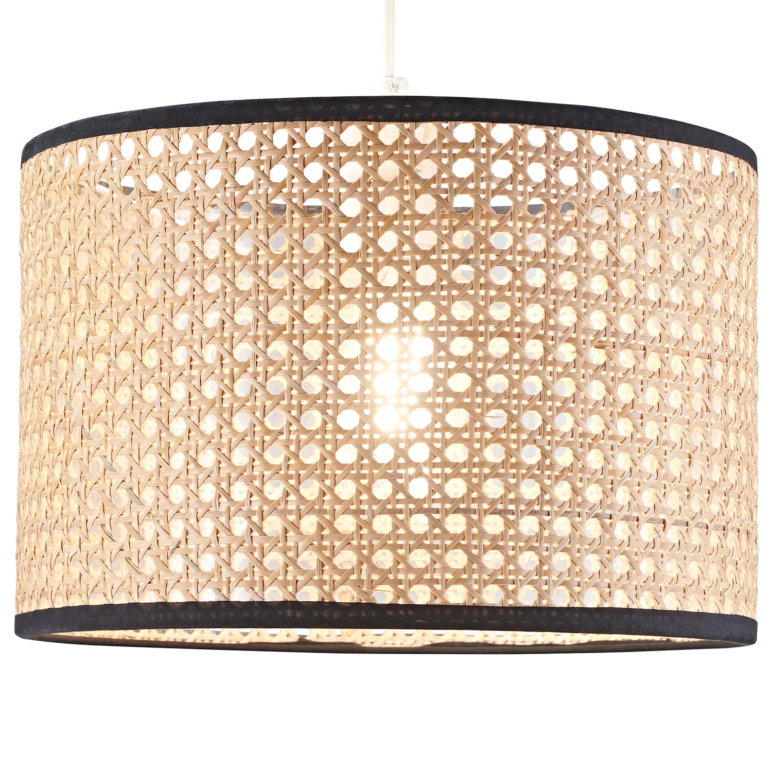 Natural Wicker Rattan Drum Shaped Pendant Lamp Shade with Black Cotton Trims Image 2