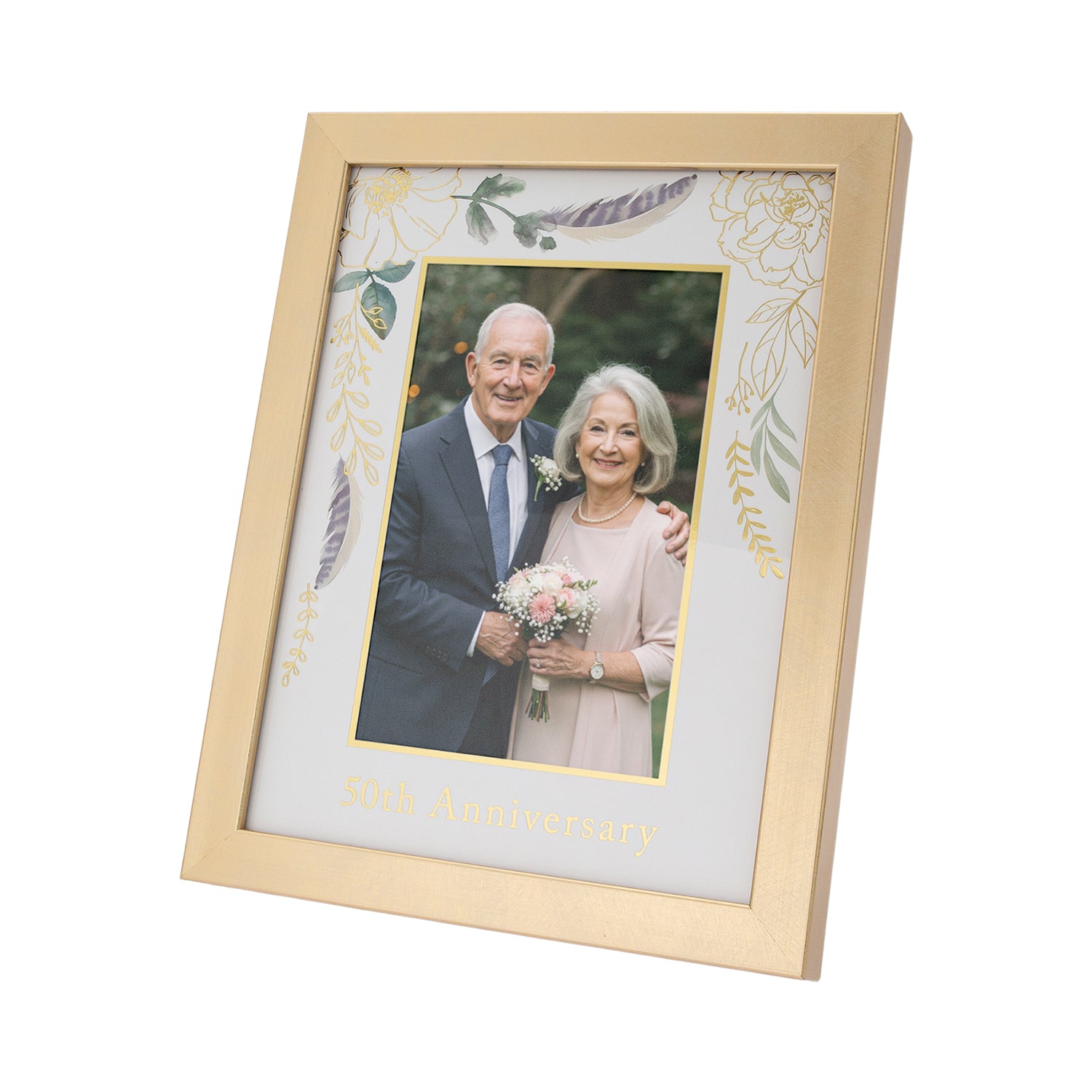 Modern 50th Anniversary 4x6 Frame in Brushed Gold with Floral Decor Image 2