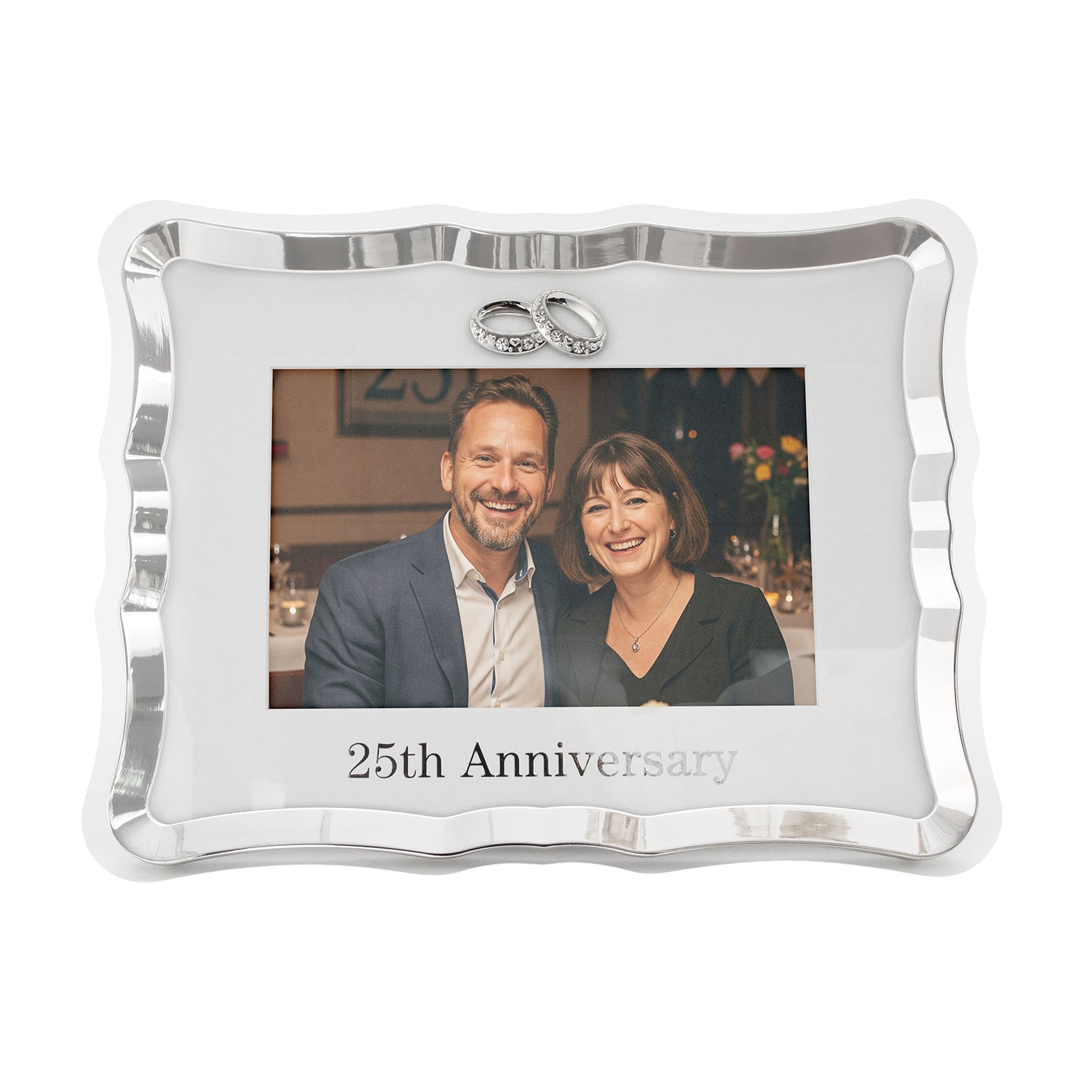 Modern 25th Anniversary Picture Frame in Silver Plating with Rings Image 1