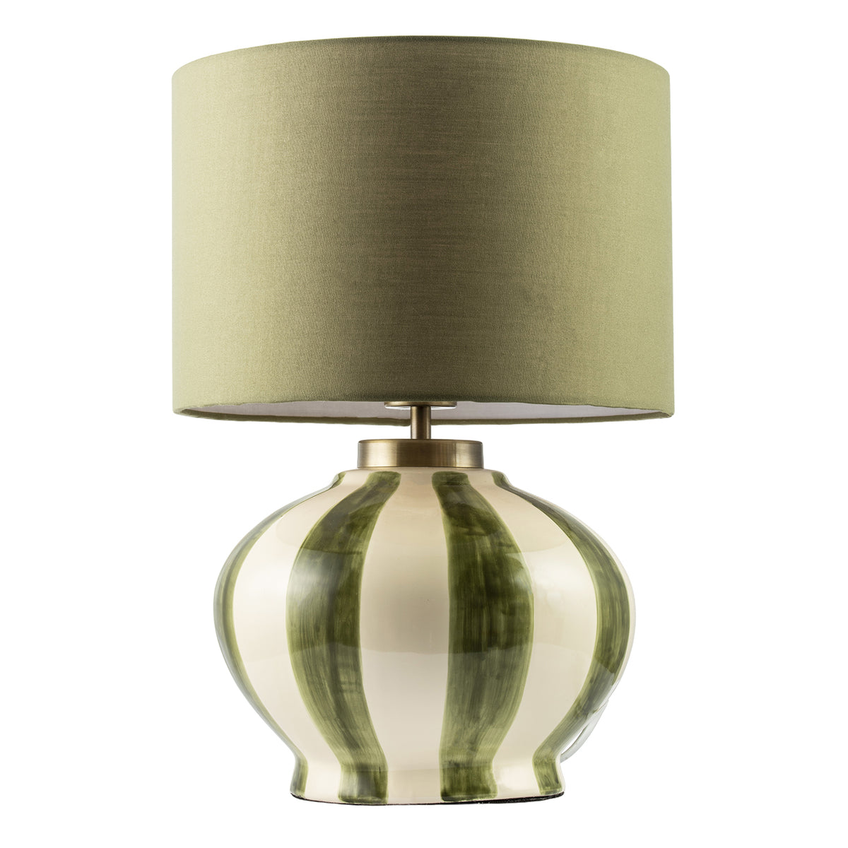 Hand Brushed Olive Green Striped Ceramic Table Lamp with Fabric Shade Image 1
