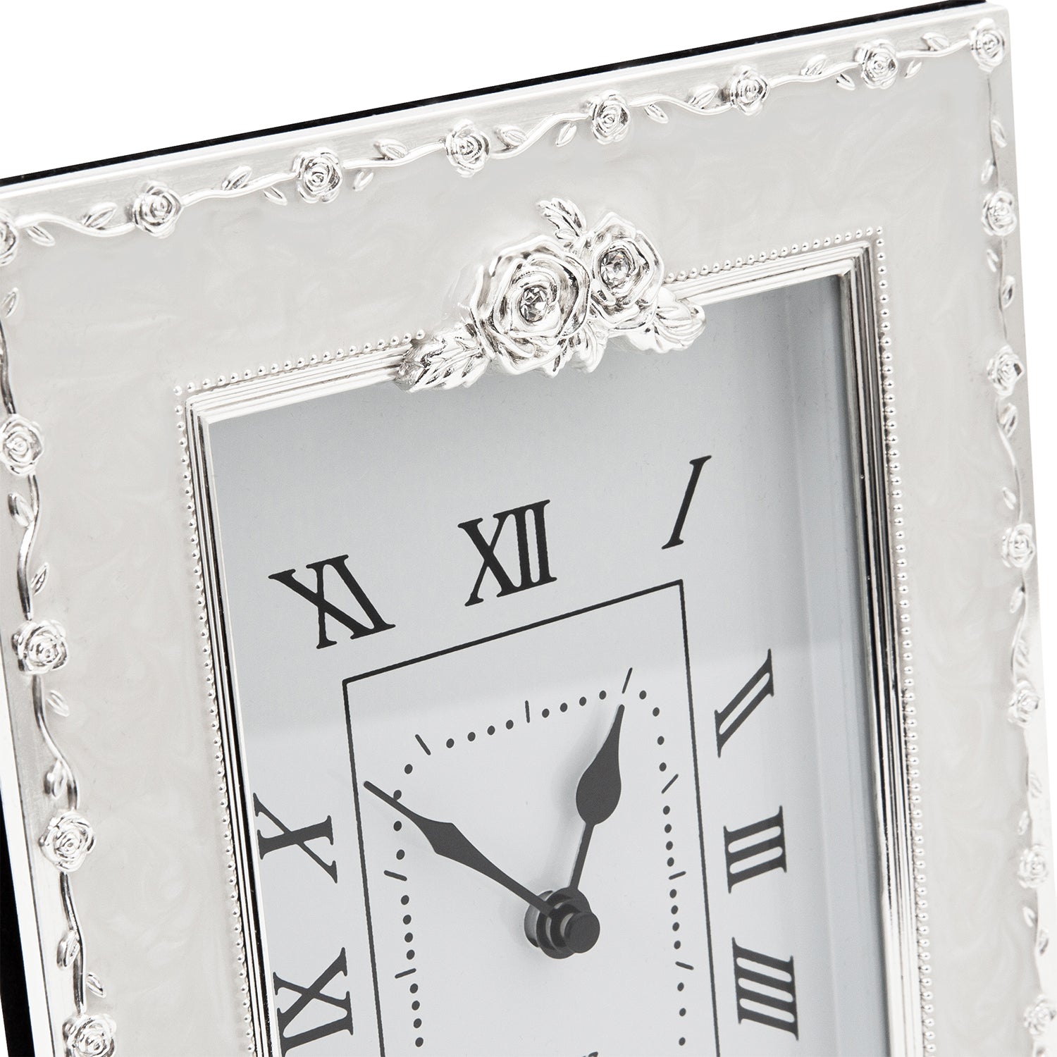 60th Anniversary Clock in White Epoxy with Silver Plated Metal Roses Image 5