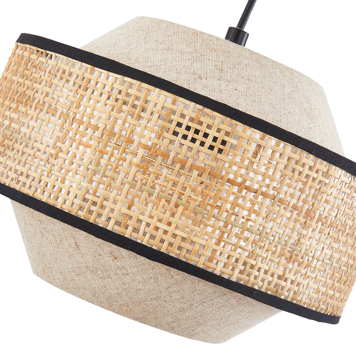 Natural Linen and Woven Rattan Pendant Ceiling Light with Black Trim and Cable Image 3