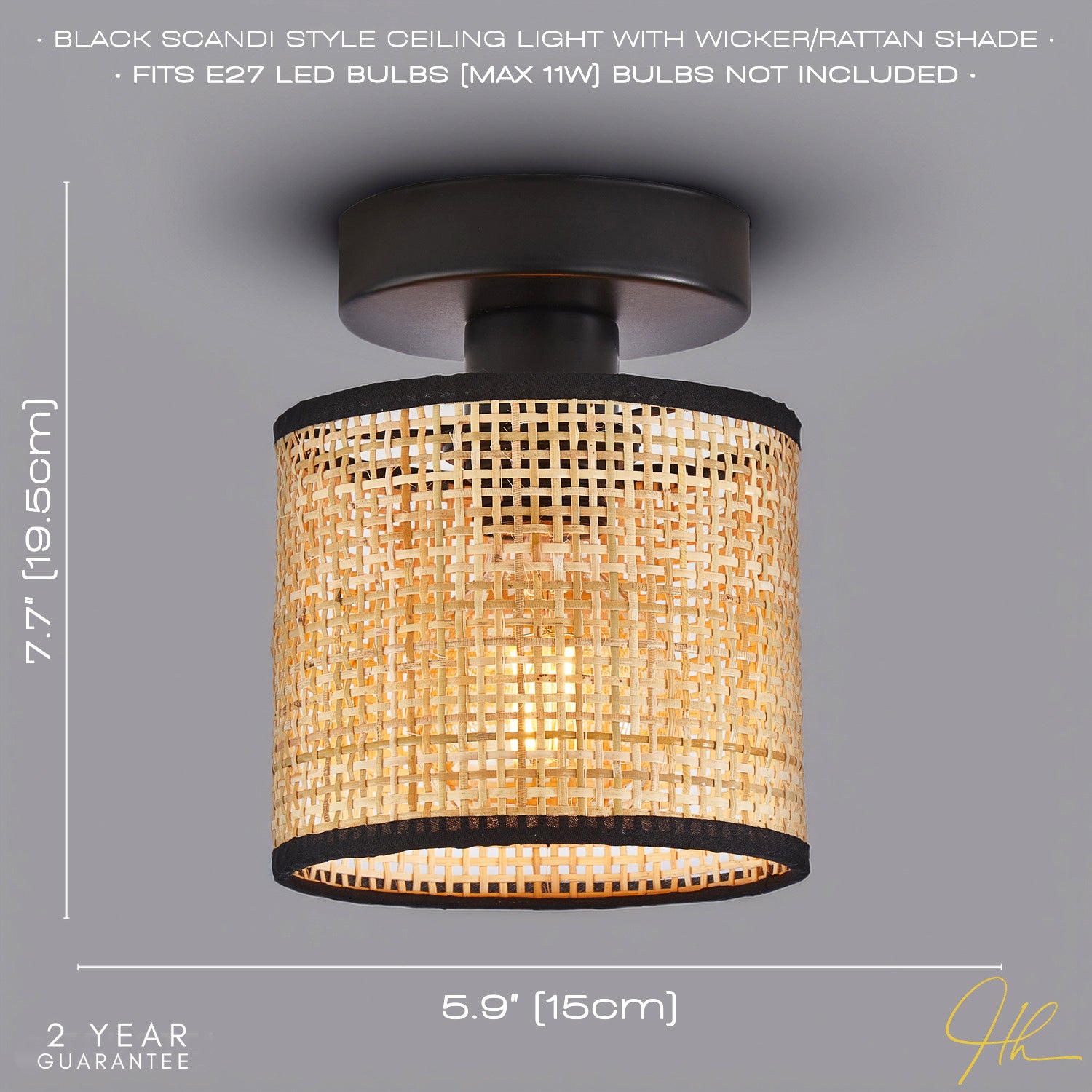 Natural Woven Rattan Ceiling Light Fitting with Black Cotton Fabric Trim Image 5