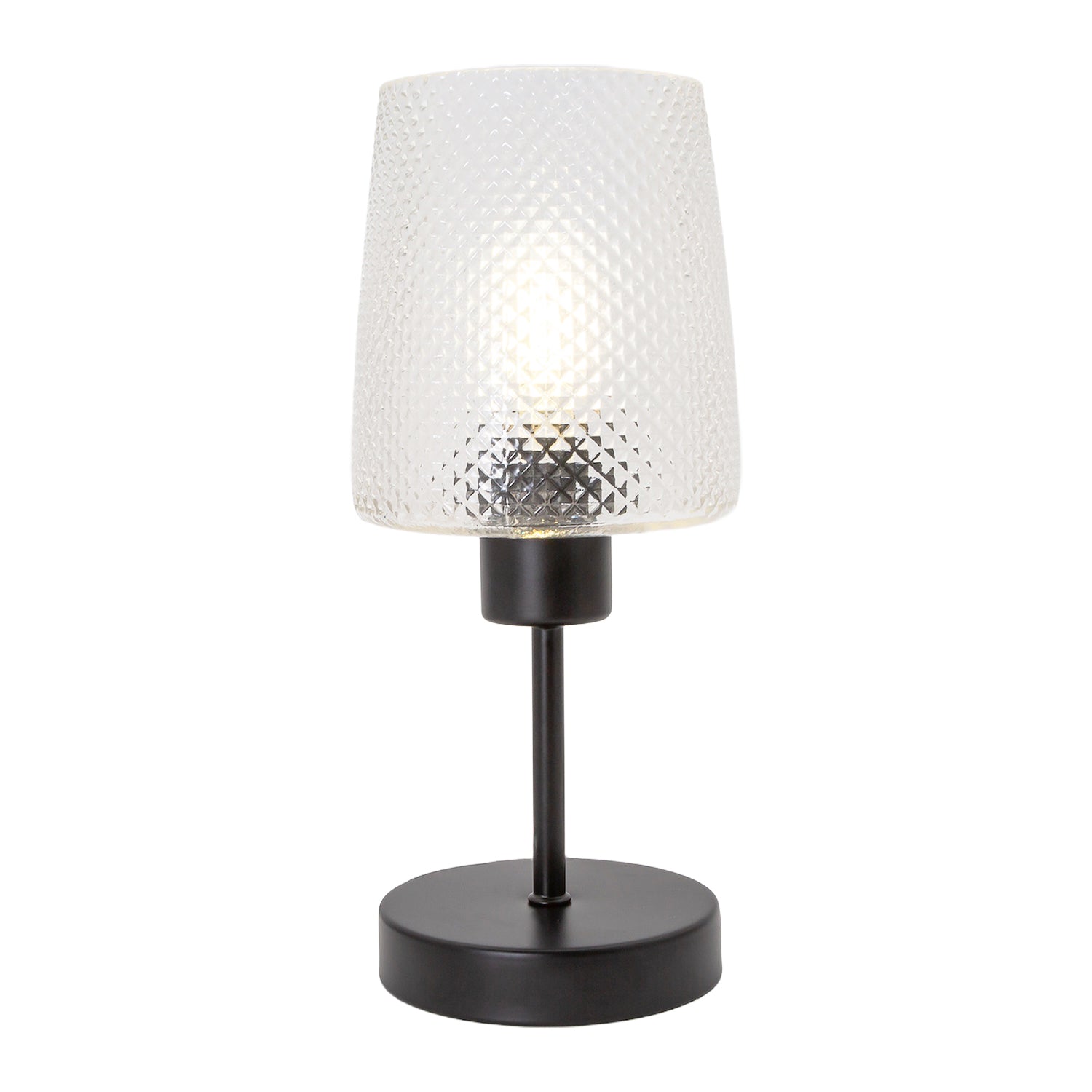 Modern Clear Dimpled Glass Table Lamp with Matte Black Stem and Base Image 1