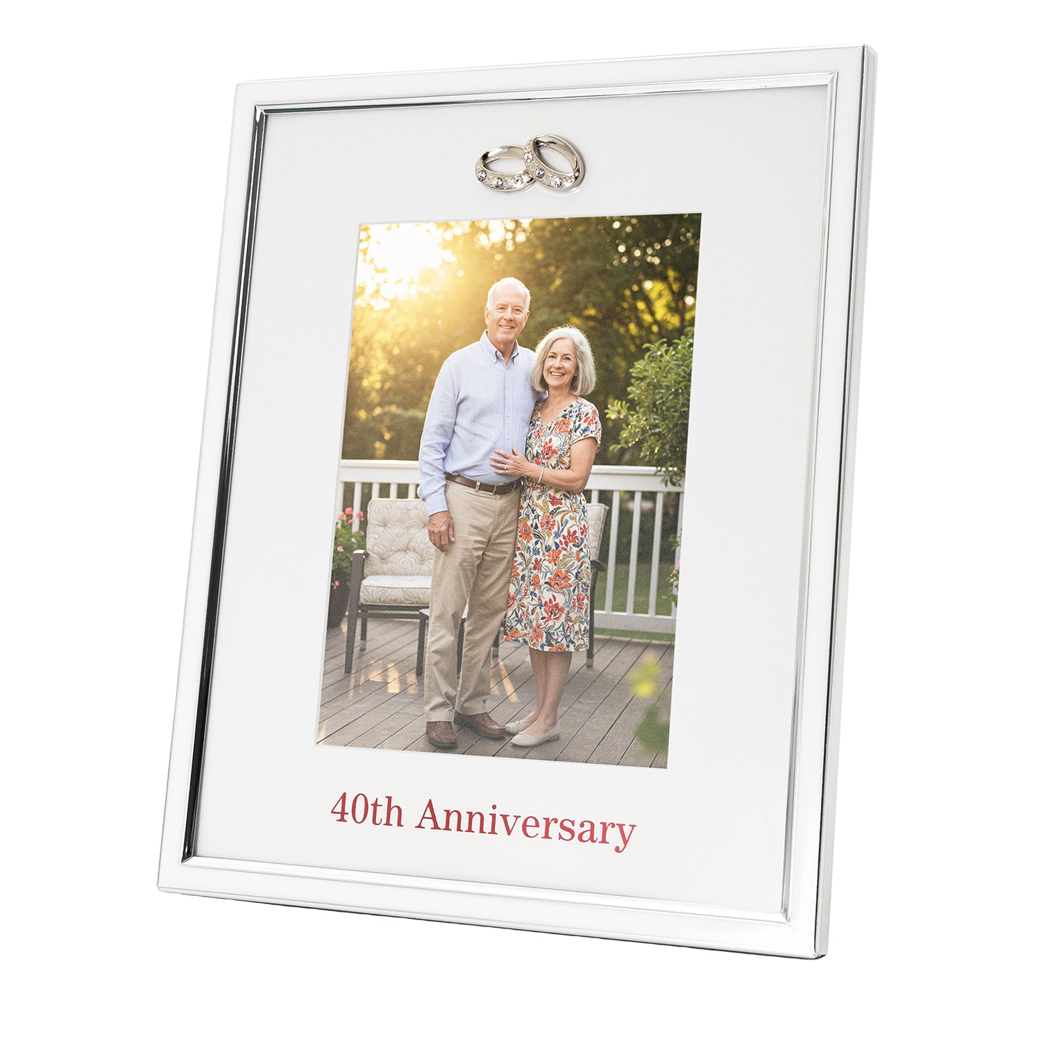 40th Anniversary Silver Plated 5x7 Picture Frame with Double Diamante Rings Image 1